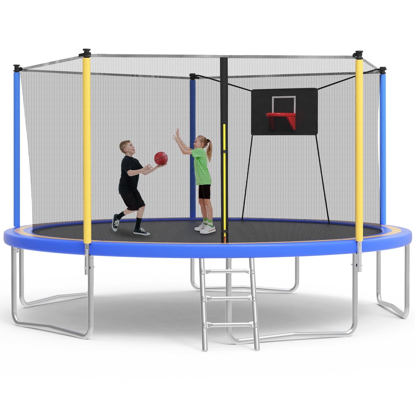 SHINPT 14ft Trampoline for Kids, Outdoor Trampoline with Net, Big Trampoline with Basketball Hoop and Ladder, Heavy Duty Trampoline with No-gap Design, Backyard Trampolines for Adult