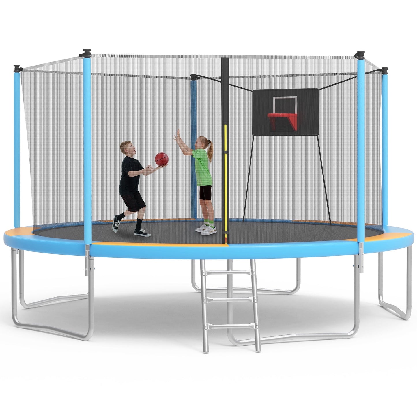 SHINPT 14ft Trampoline for Kids, Outdoor Trampoline with Net, Big Trampoline with Basketball Hoop and Ladder, Heavy Duty Trampoline with No-gap Design, Backyard Trampolines for Adult