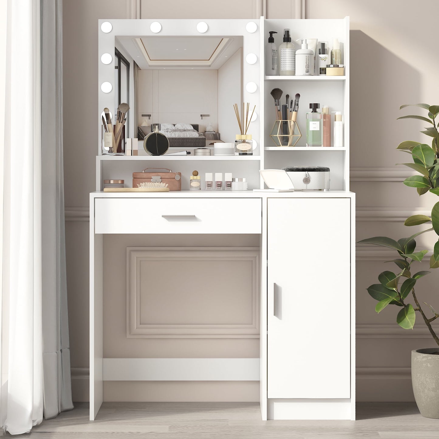BaPiPro White Vanity Desk with LED Mirror & Lights, 3 Lighting Modes Adjustable Brightness, Large Drawer & Tall Storage Cabinet, Bedroom Dressing Table Makeup Vanity