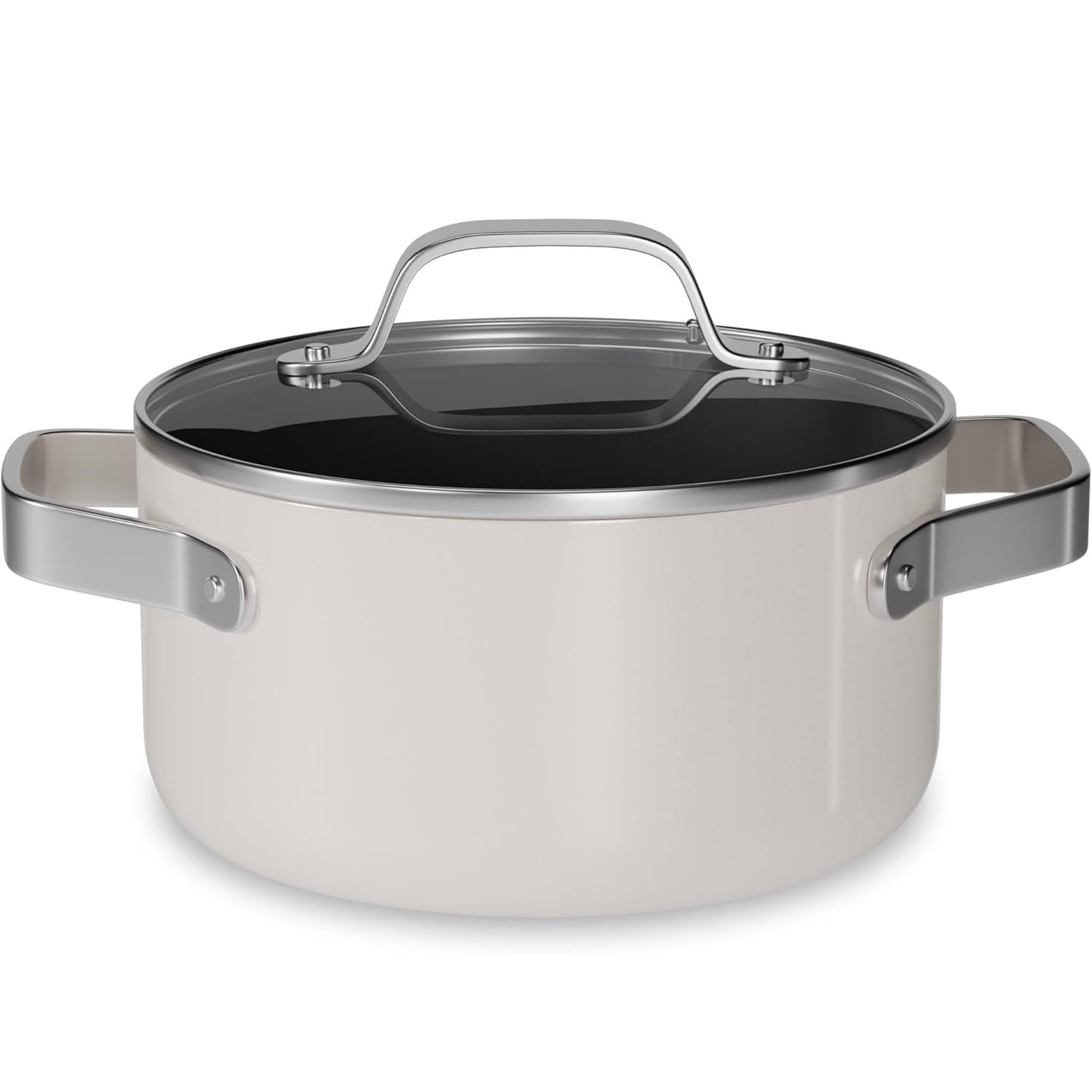 Bakken Olla de Caldo de 3 Cuartos con Recubrimiento Cerámico y Tapa de Vidrio, Antiadherente, Apta para Horno hasta 500°F, Asas de Acero Inoxidable, Compatible con Todas las Estufas, Crema
