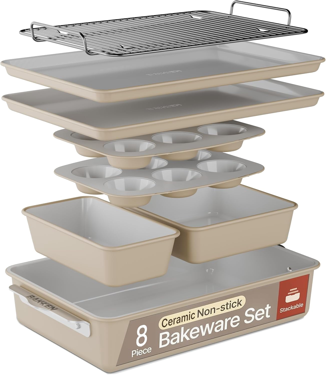 Bakken 8-Piece Ceramic Coated Bakeware Set, Nonstick Aluminized Steel, Oven Safe 500°F, Dishwasher Safe