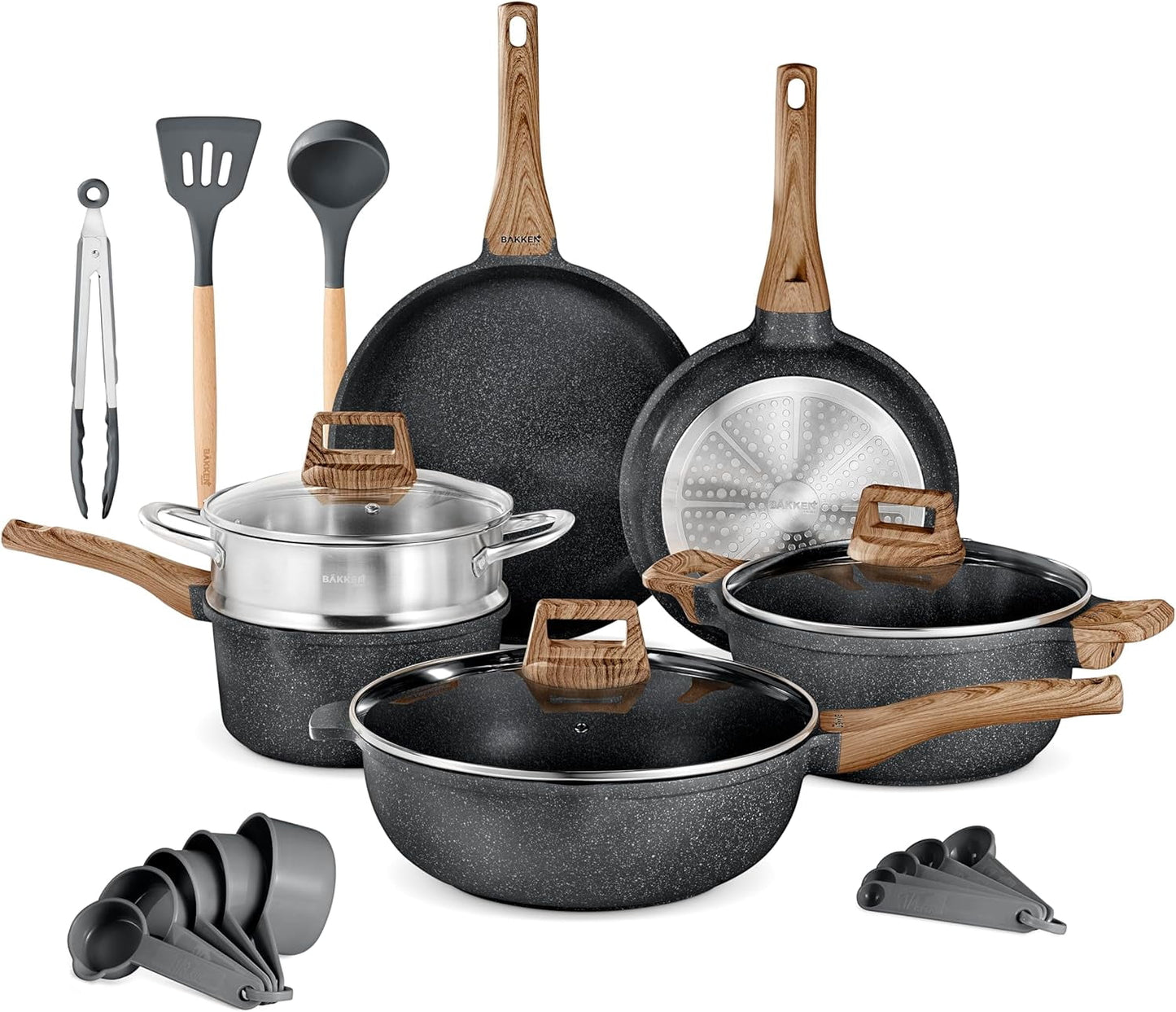 Bakken-Swiss 14-Piece Kitchen Cookware Set – Granite Non-Stick – Eco-Friendly – for All Stoves & Oven-Safe - Marble coating