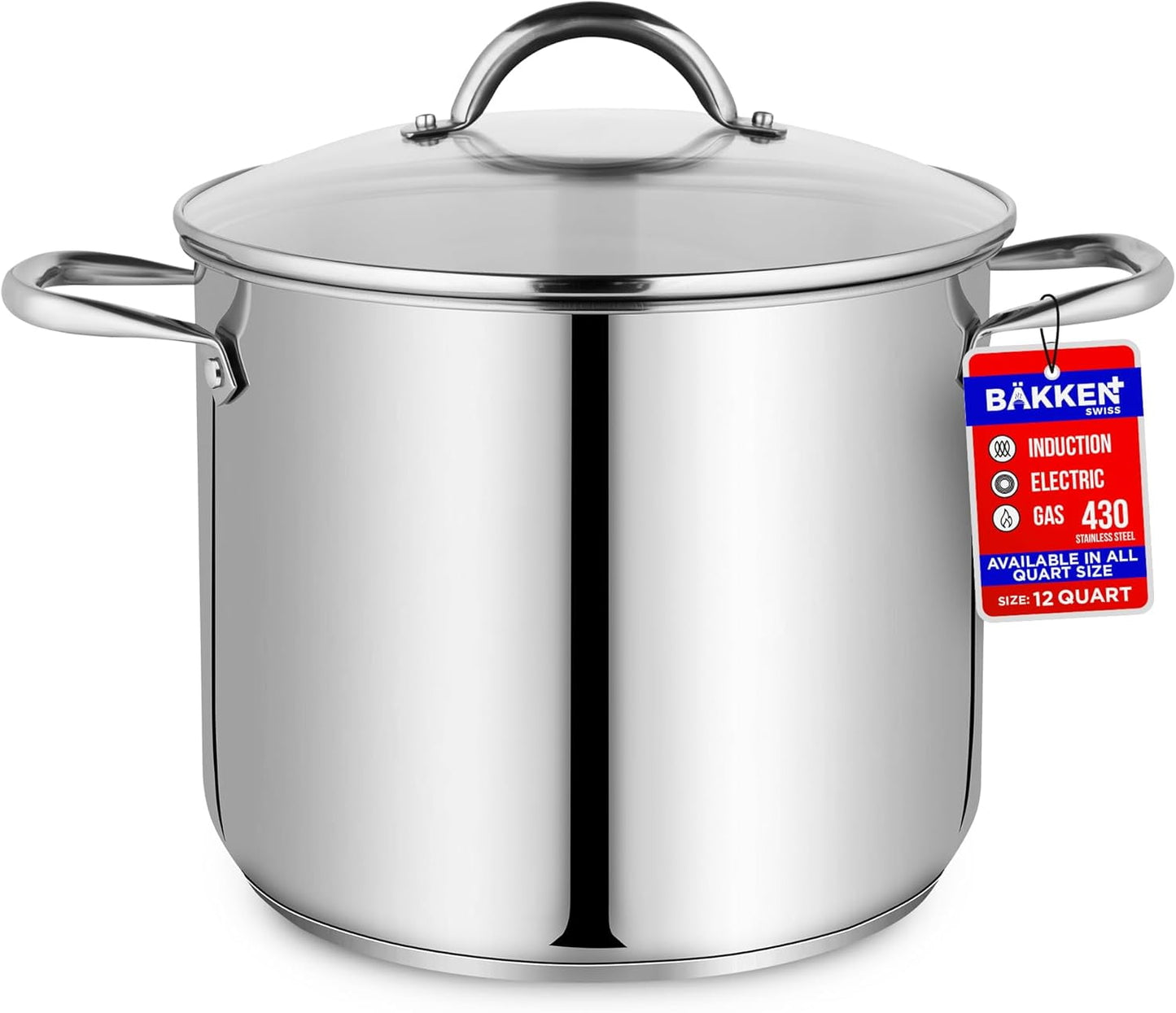 BAKKEN 12-Quart Stainless Steel Stockpot with Glass Lid – Induction Compatible, Even Heat, Riveted Handles
