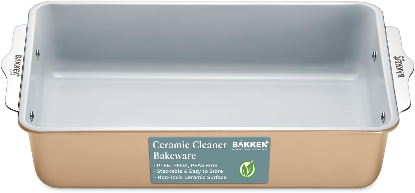 Bakken-Swiss Premium Nonstick Ceramic Rectangle Pan, 8 in x 15.5 in, Aluminized Steel with Ceramic Nonstick Coating, Non-Toxic, Ideal for Lasagnas, Brownies, and More, Gold