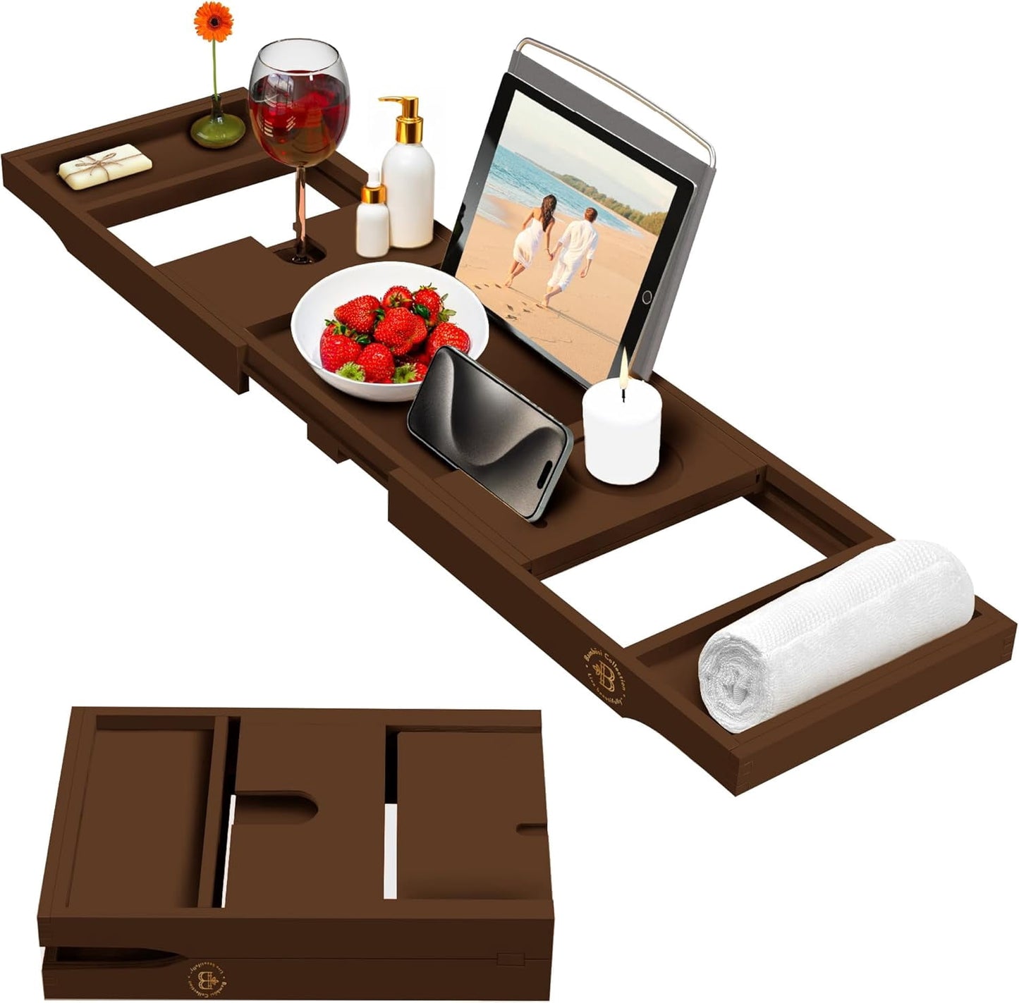Luxury Bamboo Bathtub Tray Caddy - Expandable and Foldable Nonslip Bath Caddy with Book/Tablet and Wine Glass Holder - Gift for Her or Him by Bambüsi