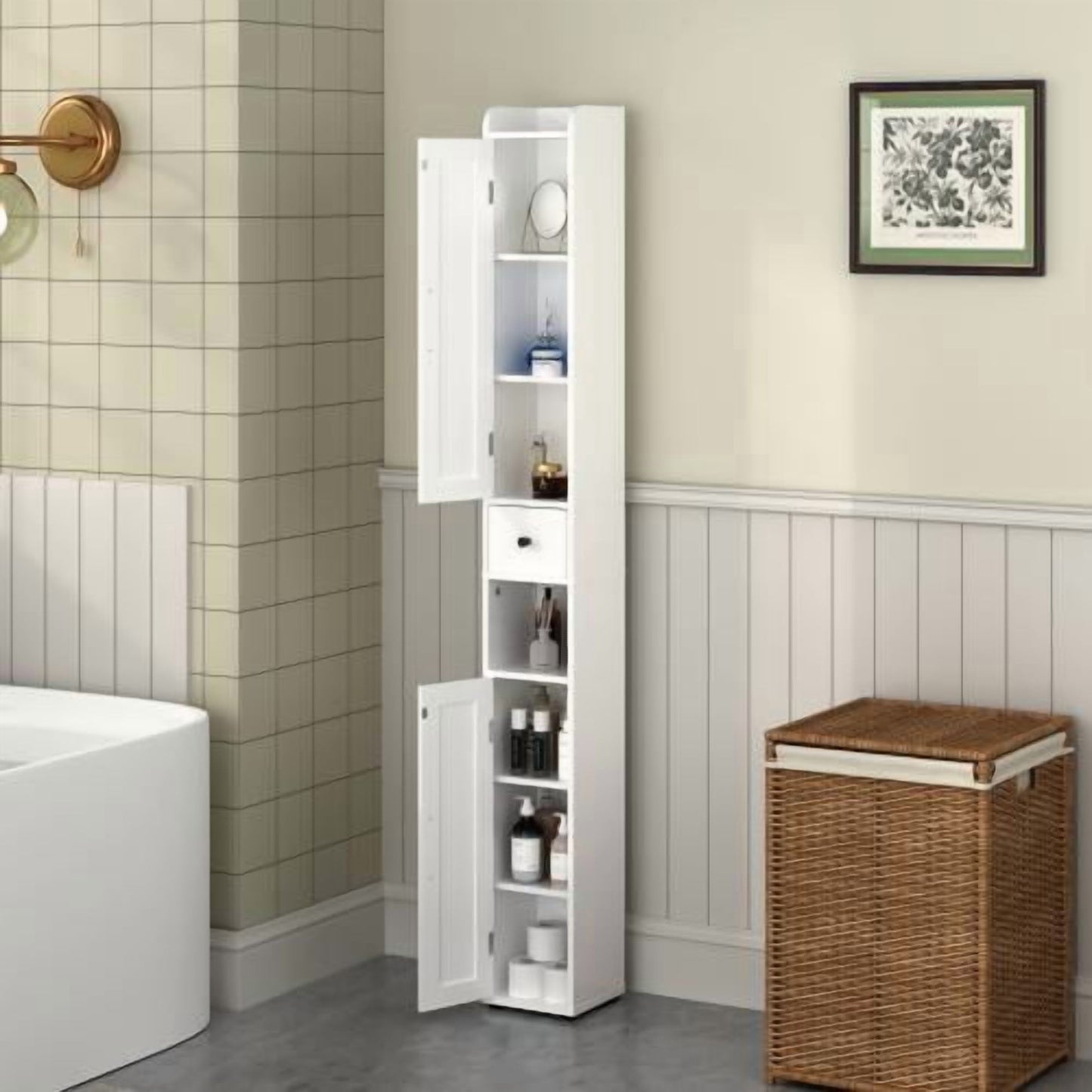 Bathroom Cabinet, Tall Slim 2-Door Storage with Adjustable Shelves and Open Compartments, Freestanding Floor Cabinet for Small Space and Kitchen, 67.51 Inch Height White