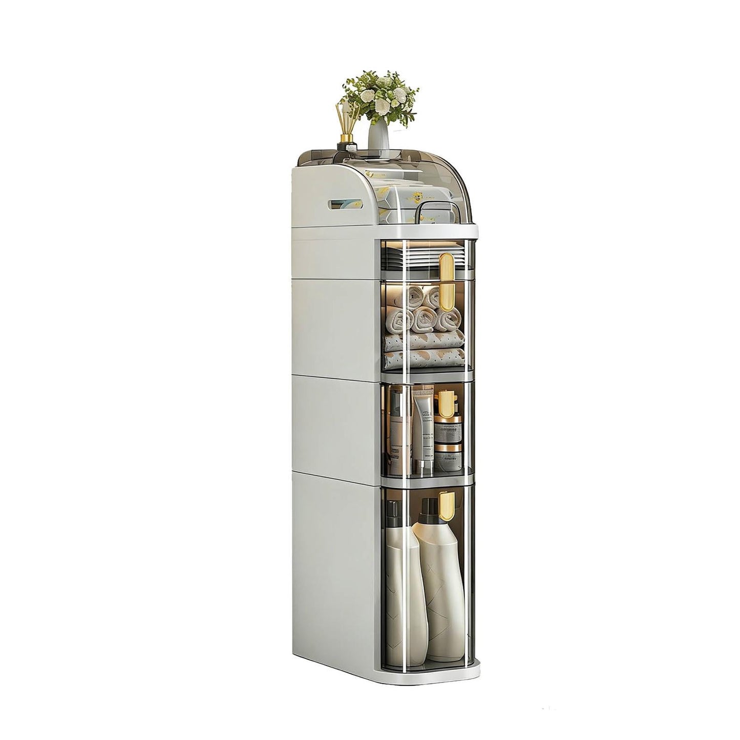 Bathroom Storage Cabinet, 5-Tier Narrow Floor Cabinet with Wheels, Mobile Bathroom Organizer for Toiletries and Towels, No Assembly Required for Small Spaces, White