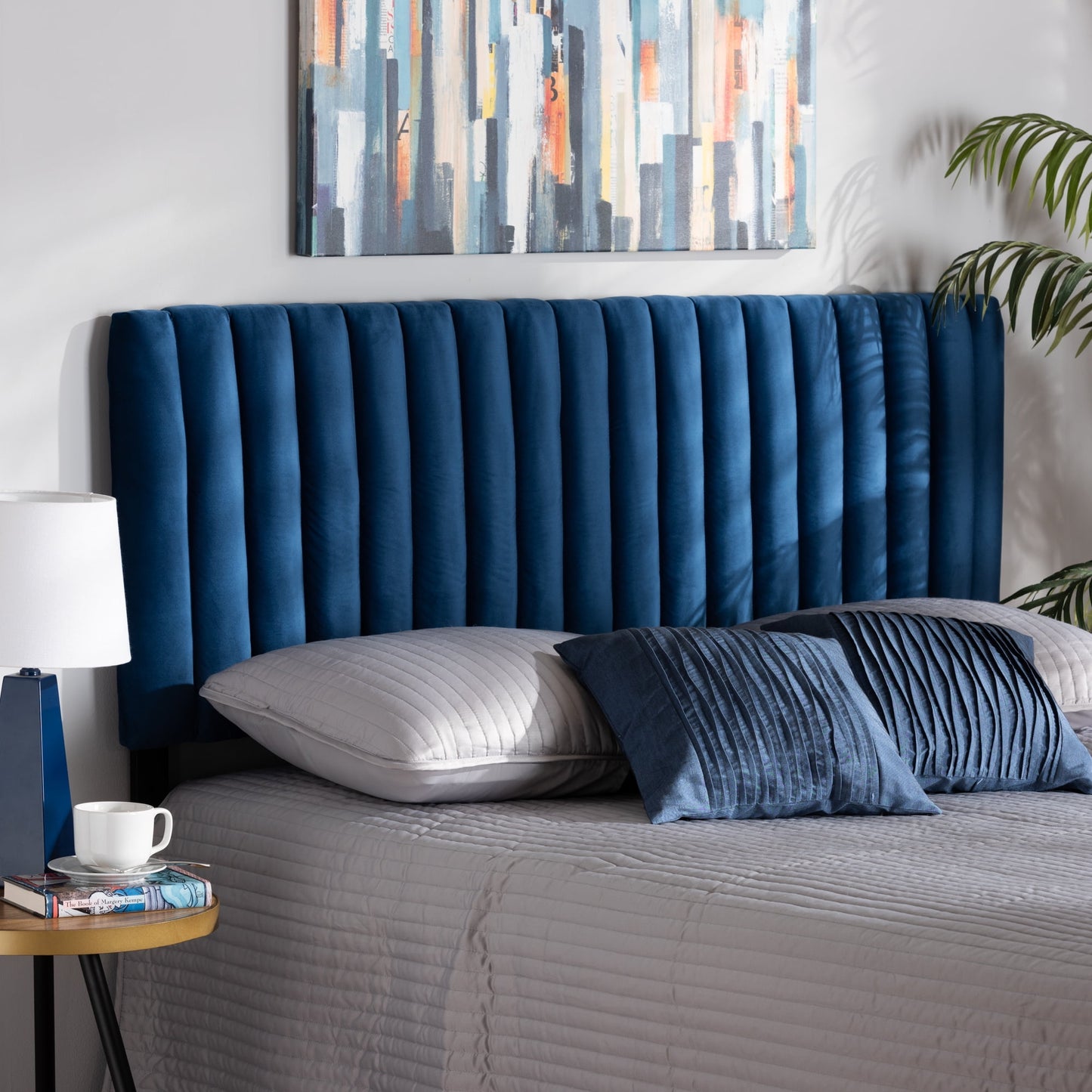 Baxton Studio Emile Modern and Contemporary Grey Velvet Fabric Upholstered and Dark Brown Finished Wood, Queen Size Headboard