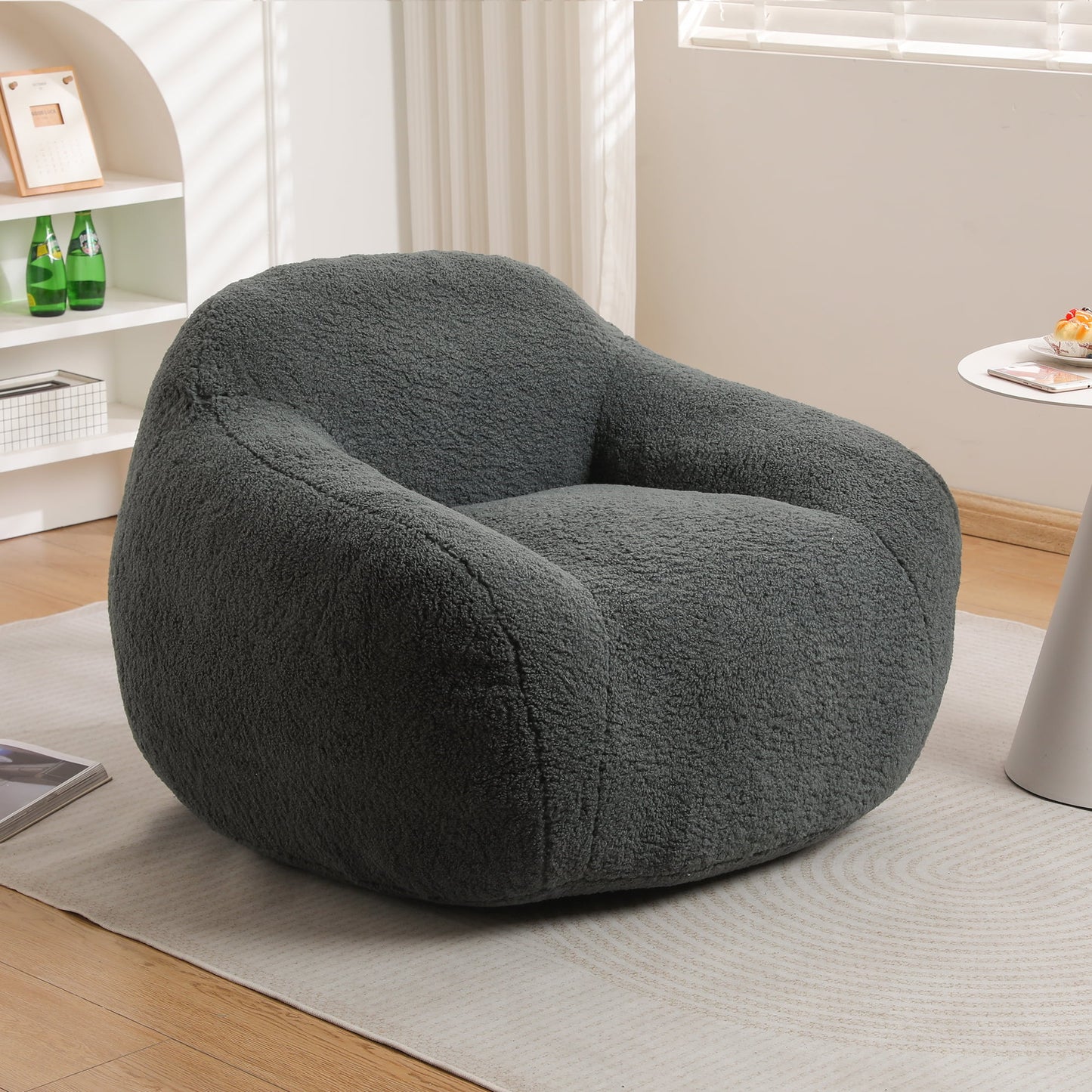Bean Bag Chair, Comfy Bean Bag Sofa for Adults, Stuffed Floor Sofa with Supportive Backrest & Armrests, Modern Faux Fur Accent Chair for Living Room & Bedroom, Off White