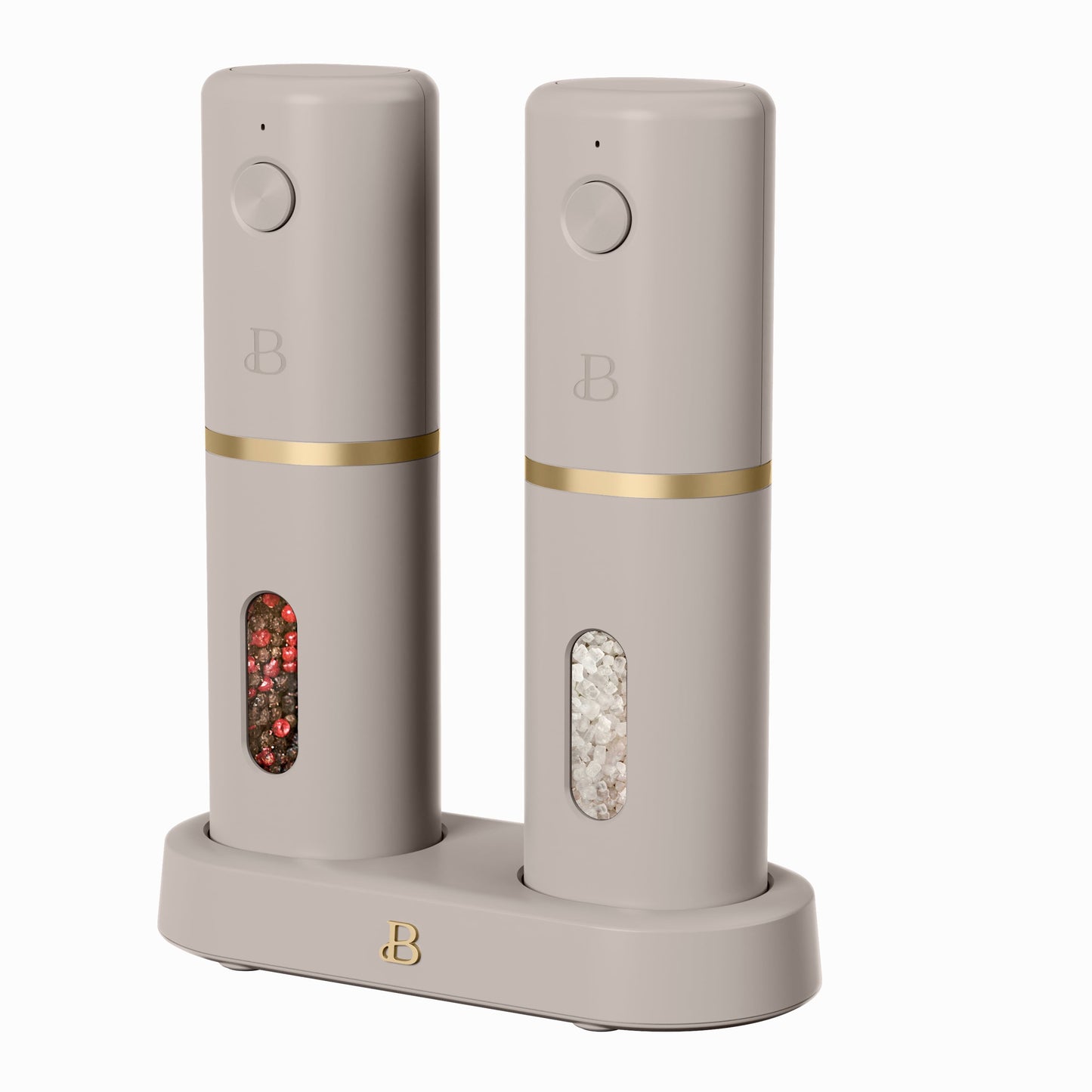 Hermoso Juego de Molinillos Eléctricos Recargables de Sal y Pimienta de 3 Piezas con Base de Carga, Porcini Taupe by Drew Barrymore