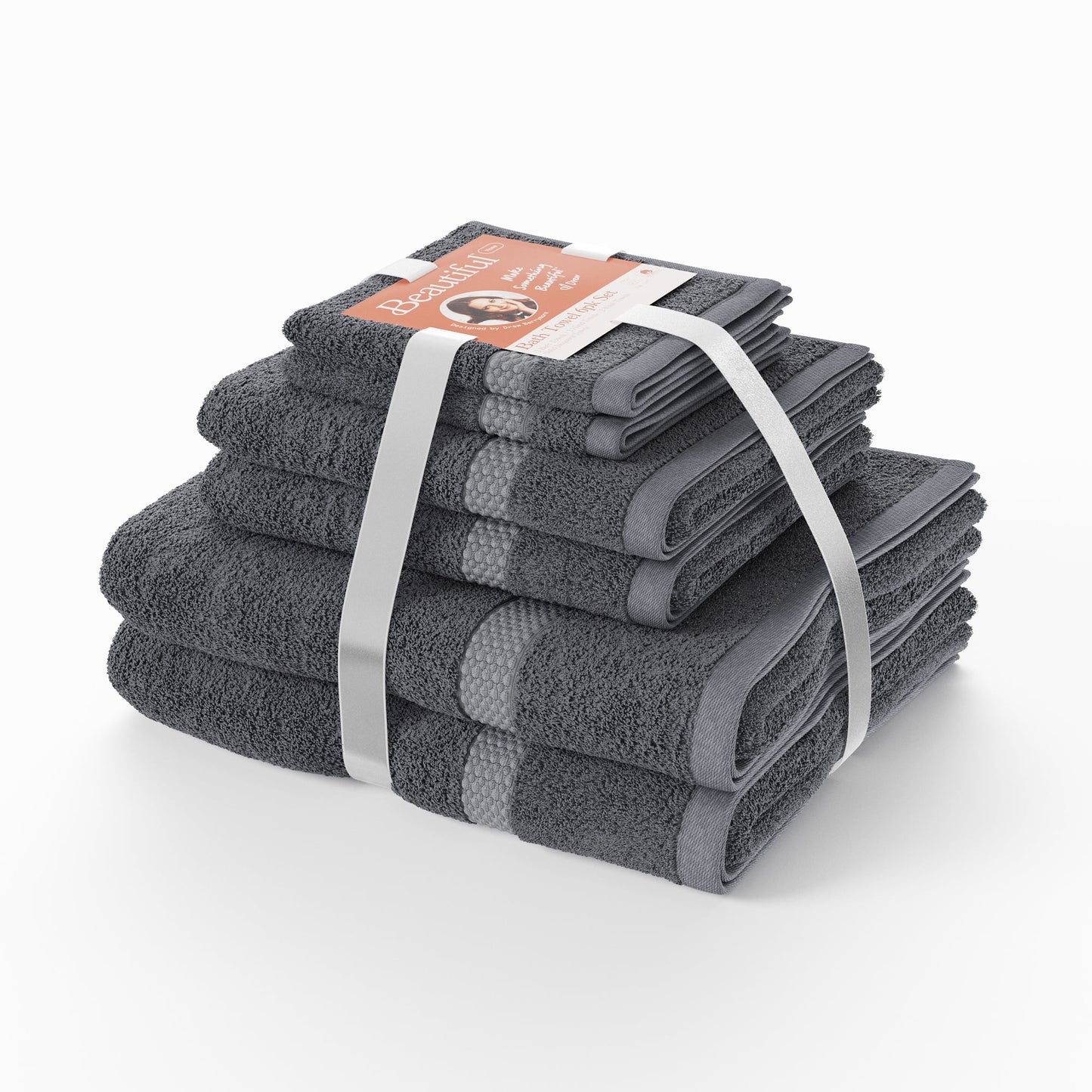 Beautiful by Drew Barrymore Juego de Toallas de Baño Dobby de 6 Piezas, Suave 100% Algodón, Gris Carbón