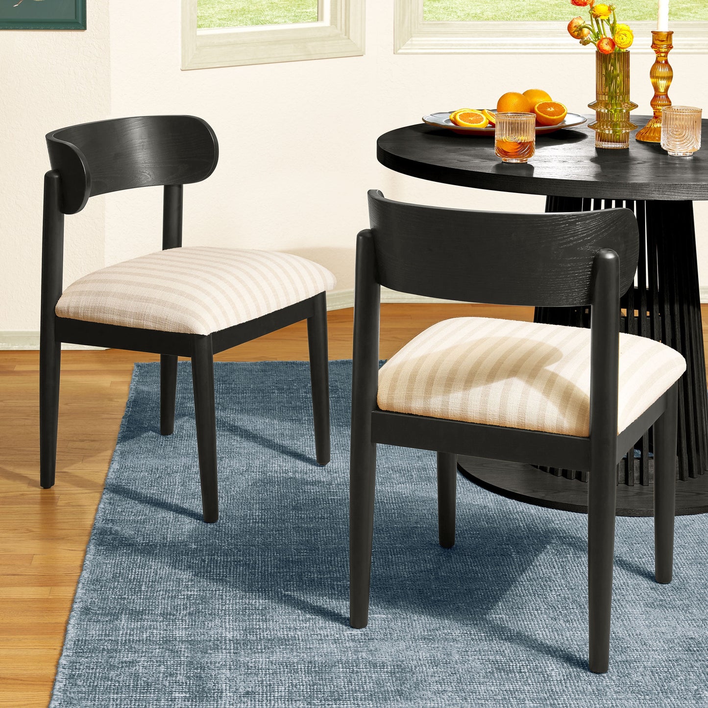 Beautiful Drew Dining Room Chairs by Drew Barrymore, Rich Black with Striped Fabric, Set of 2