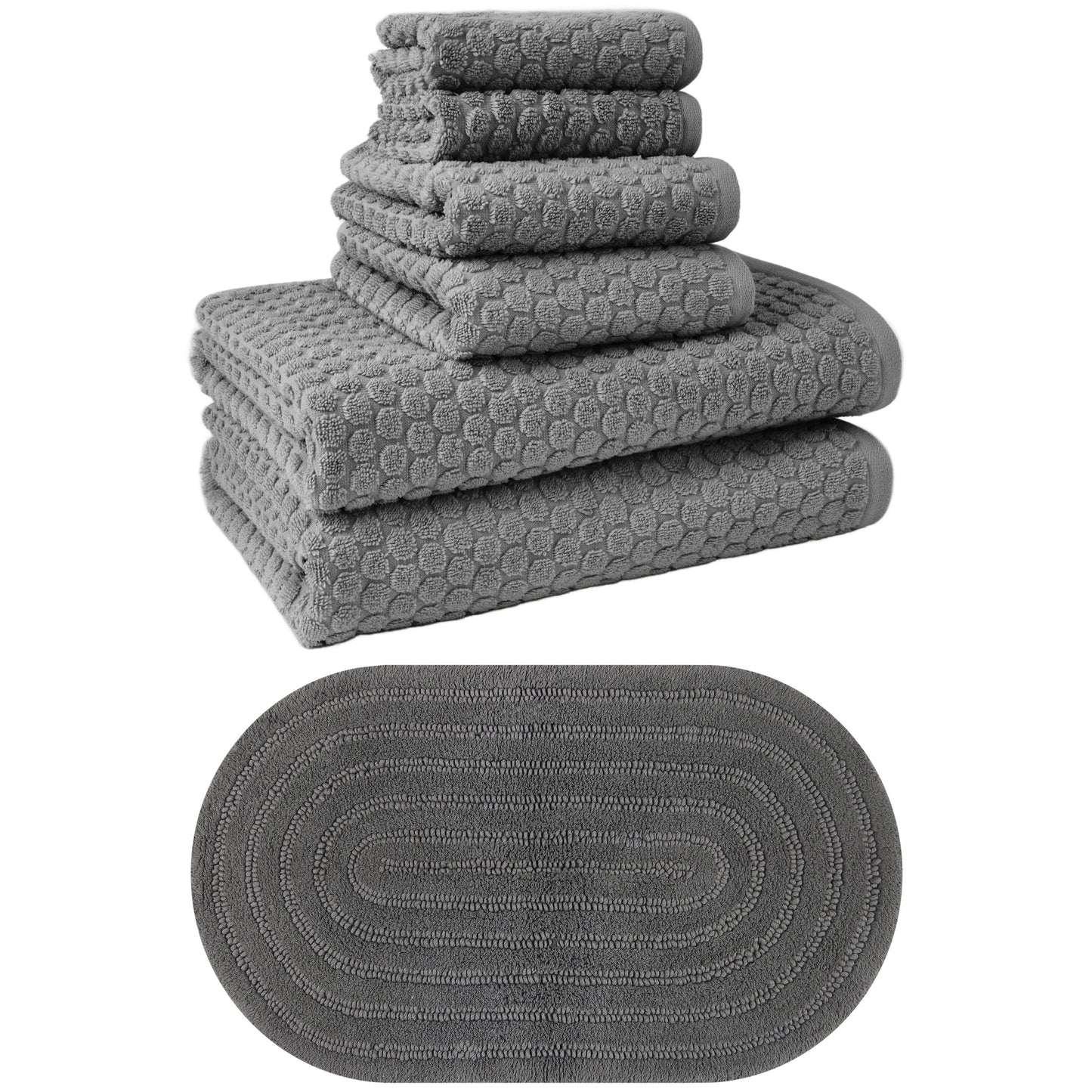 Beautiful by Drew Barrymore Complete Bathroom Set – Soft Cotton Towels, Oval Bath Rug, Grey