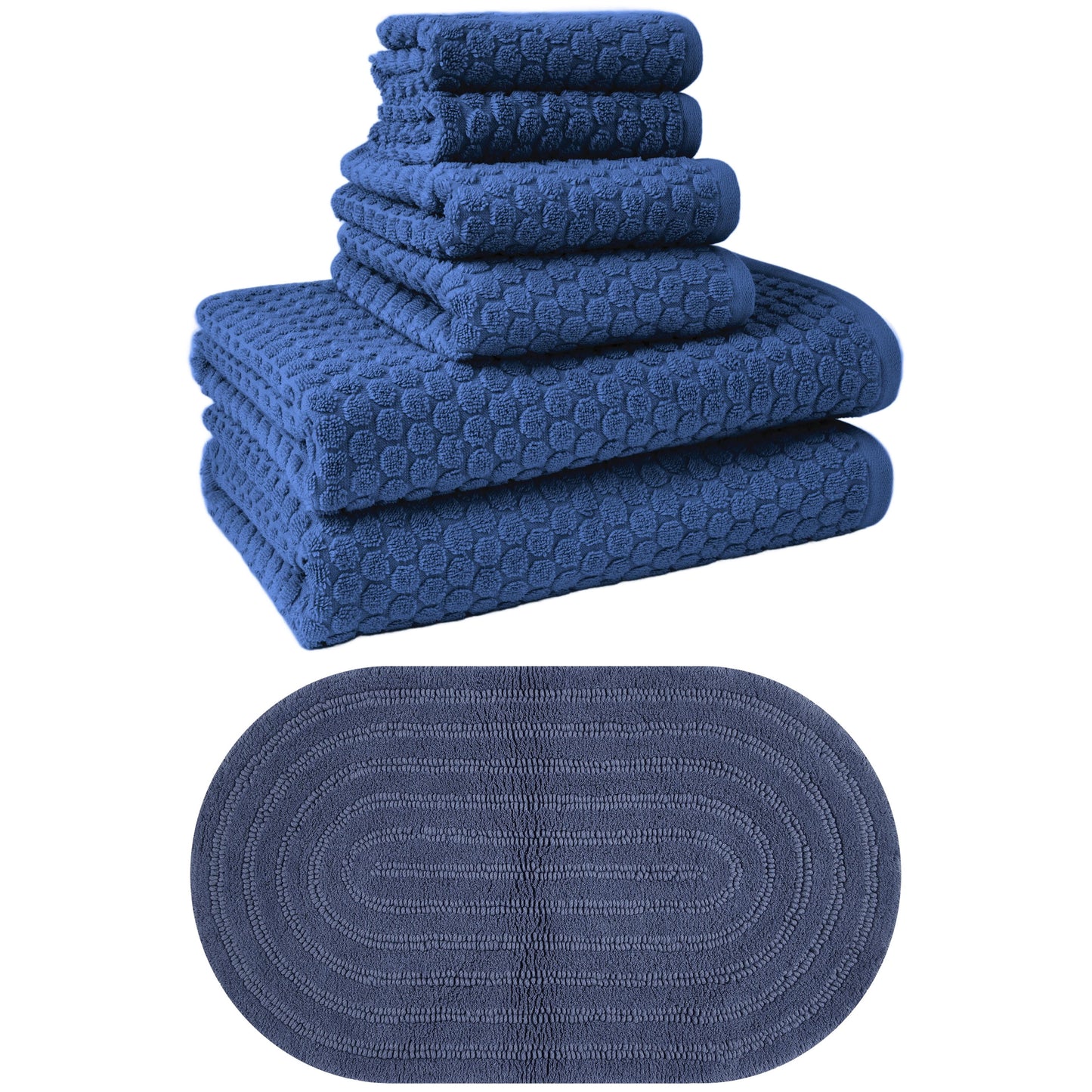 Beautiful by Drew Barrymore Complete Bathroom Set – Soft Cotton Towels, Oval Bath Rug, Navy