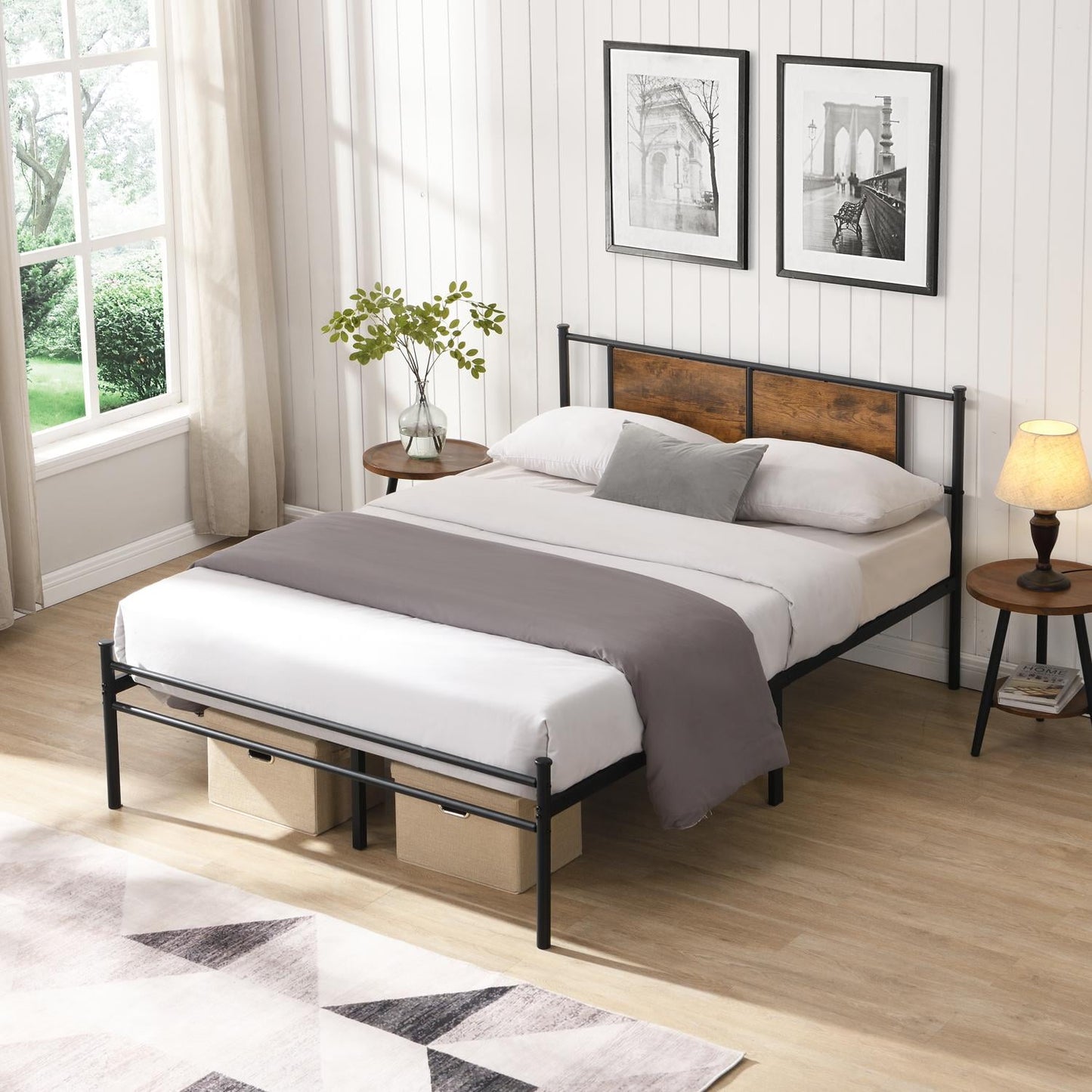 Bed Frame, Metal Bed Frame, Full Size Bed Platform with Wood Panel Headboard, Sturdy Steel Slats, Under Bed Storage, Black+Brown, 77.6 Inch Length, No Box Spring Needed