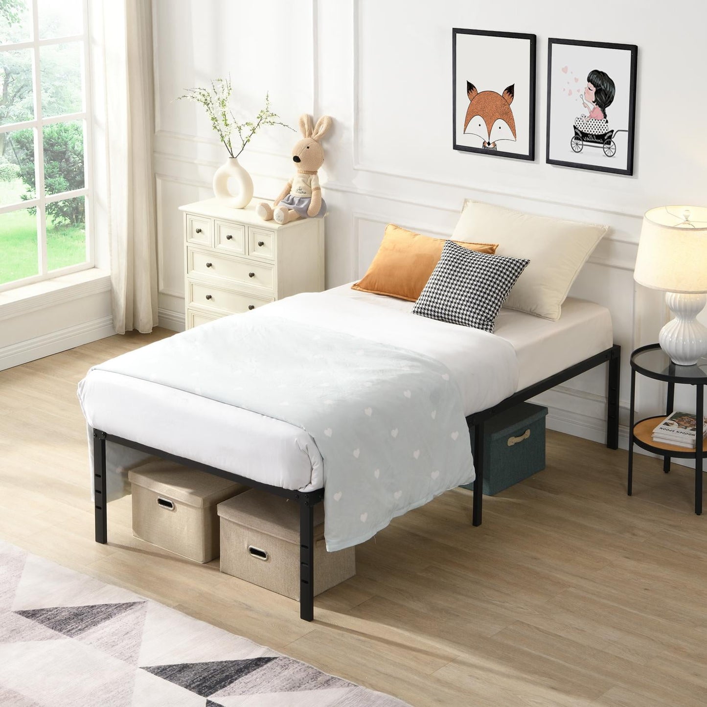 Bed Frame, Metal Bed Frame, Twin Size Bed Heavy Duty Platform with Reinforced Steel Slats, Quick Easy Assembly, No Noise, Black, 750 lbs Weight Capacity, Under Bed Storage