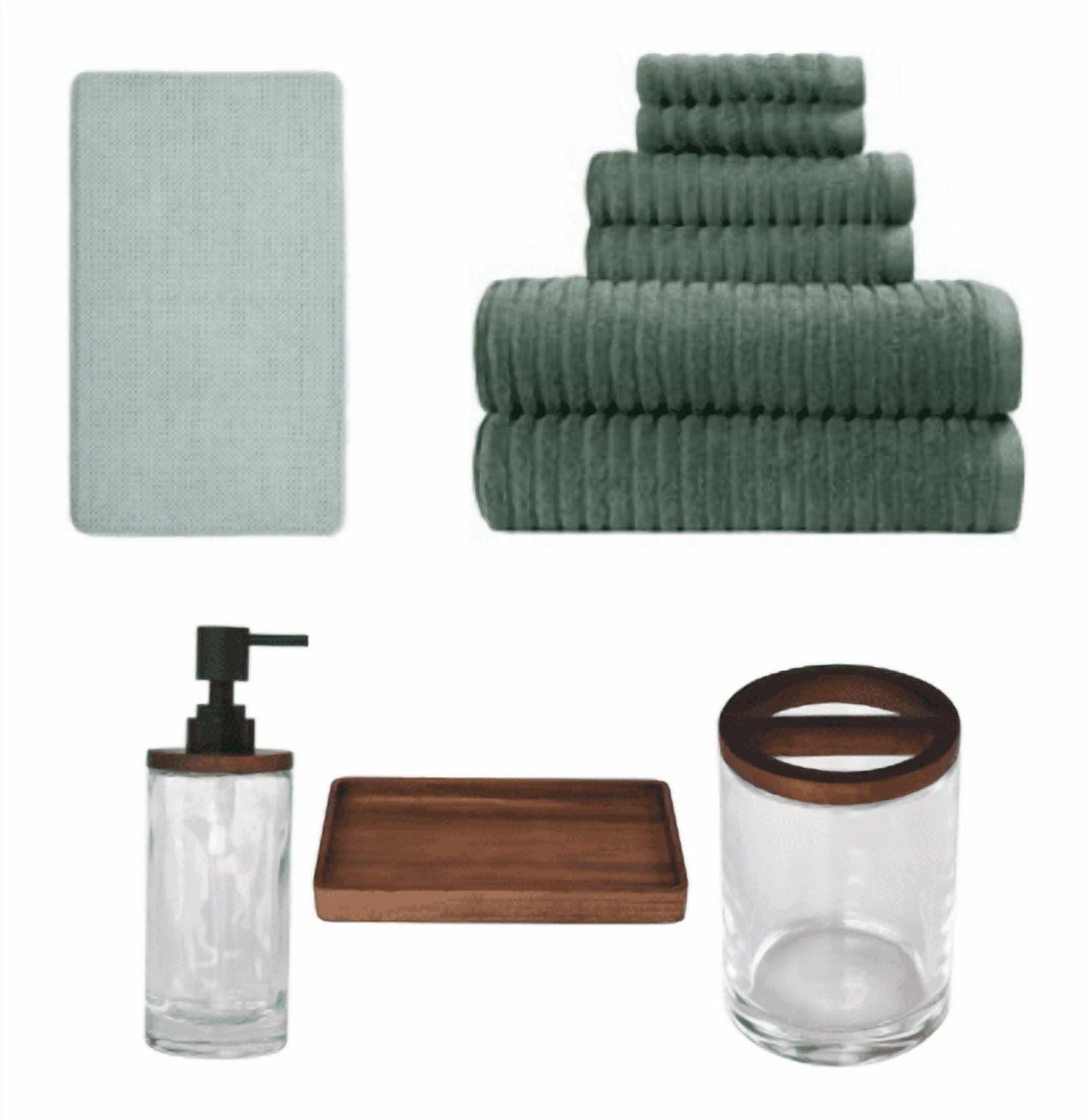 Better Homes & Gardens Complete Bathroom Set – Cotton Towels, Memory Foam Rug & Acacia Wood Glass Accessories, Green
