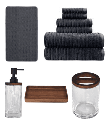Better Homes & Gardens Complete Bathroom Set – Cotton Towels, Memory Foam Rug & Acacia Wood Glass Accessories, Grey