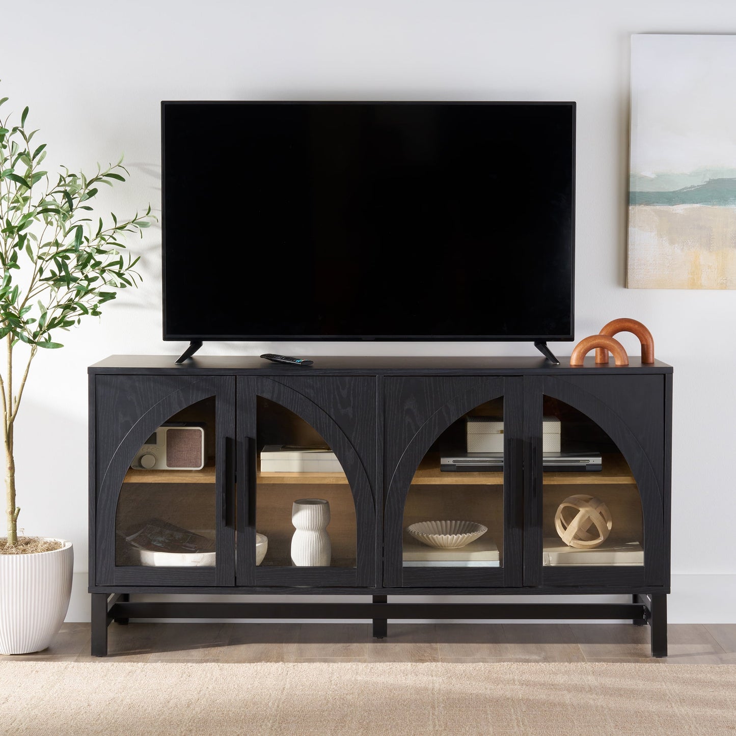 Better Homes & Gardens Juliet Arc TV Stand for TVs up to 65", Light Honey Finish