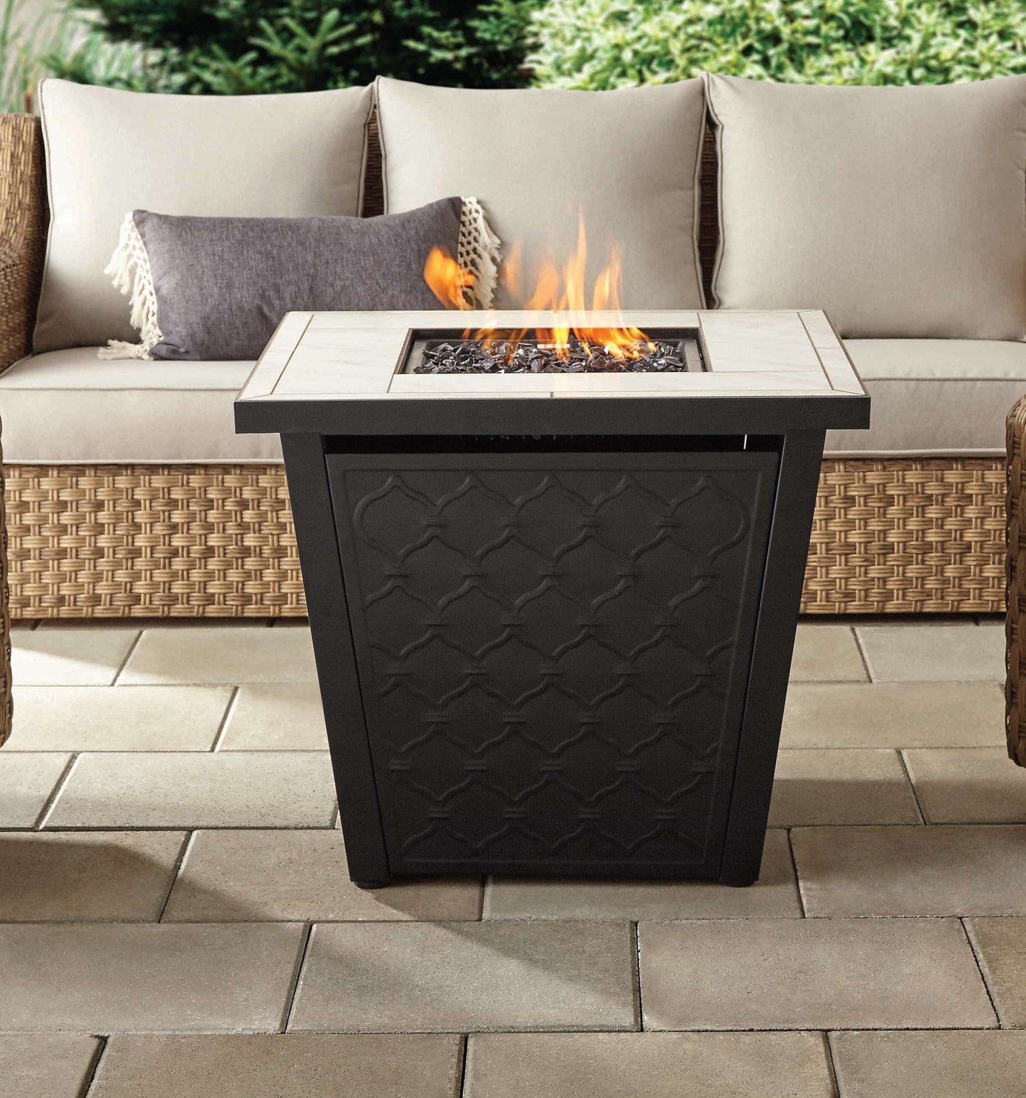 Better Homes & Gardens River Oaks 30” Square Tile Top Gas Fire Pit Table with 50,000 BTU