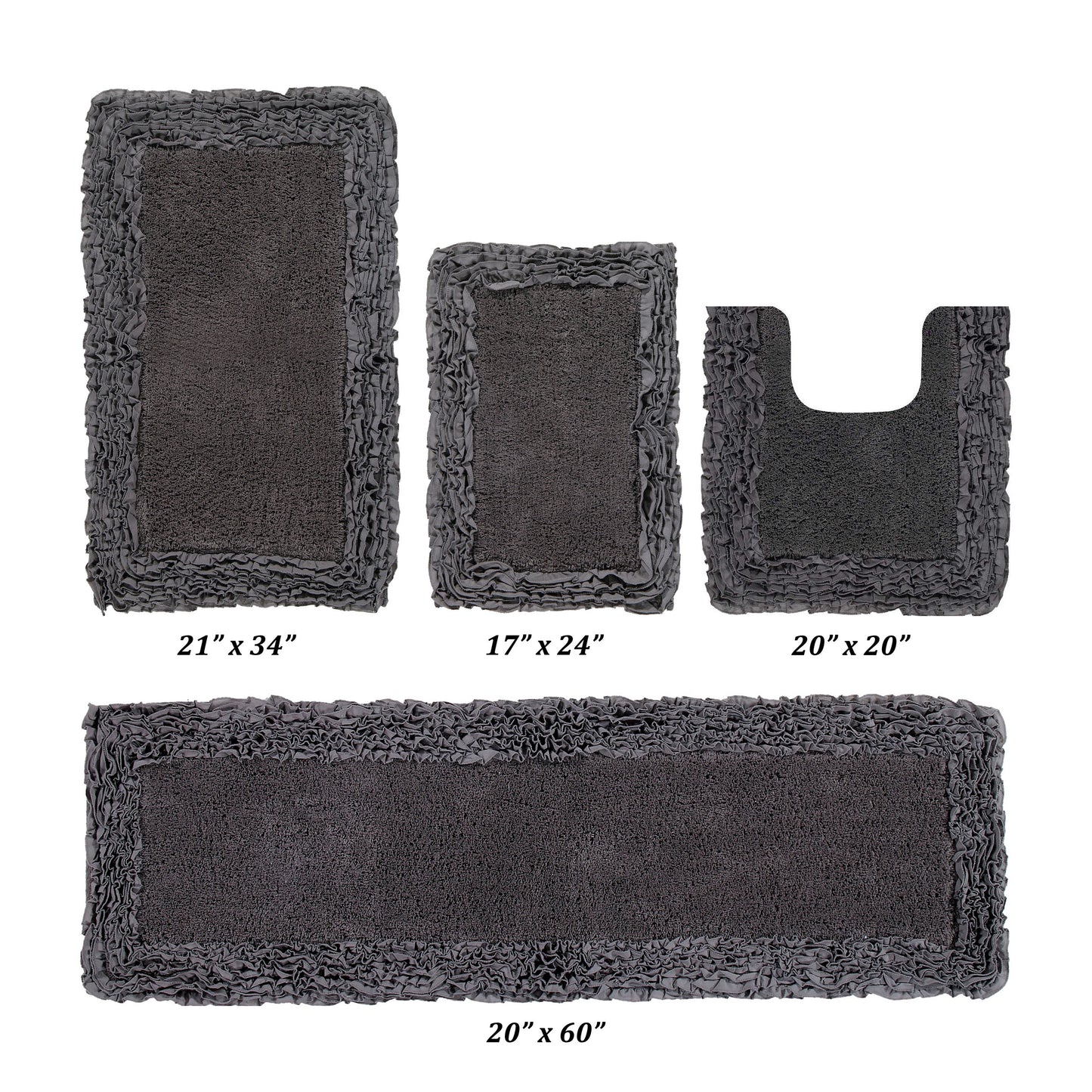 Better Trends 4 Piece Bathroom Rug Set 100% Cotton, Extra Soft, Water Absorbent & Non Slip Bath Mat, Ruffle Border, (Gray) Shaggy Border Collection