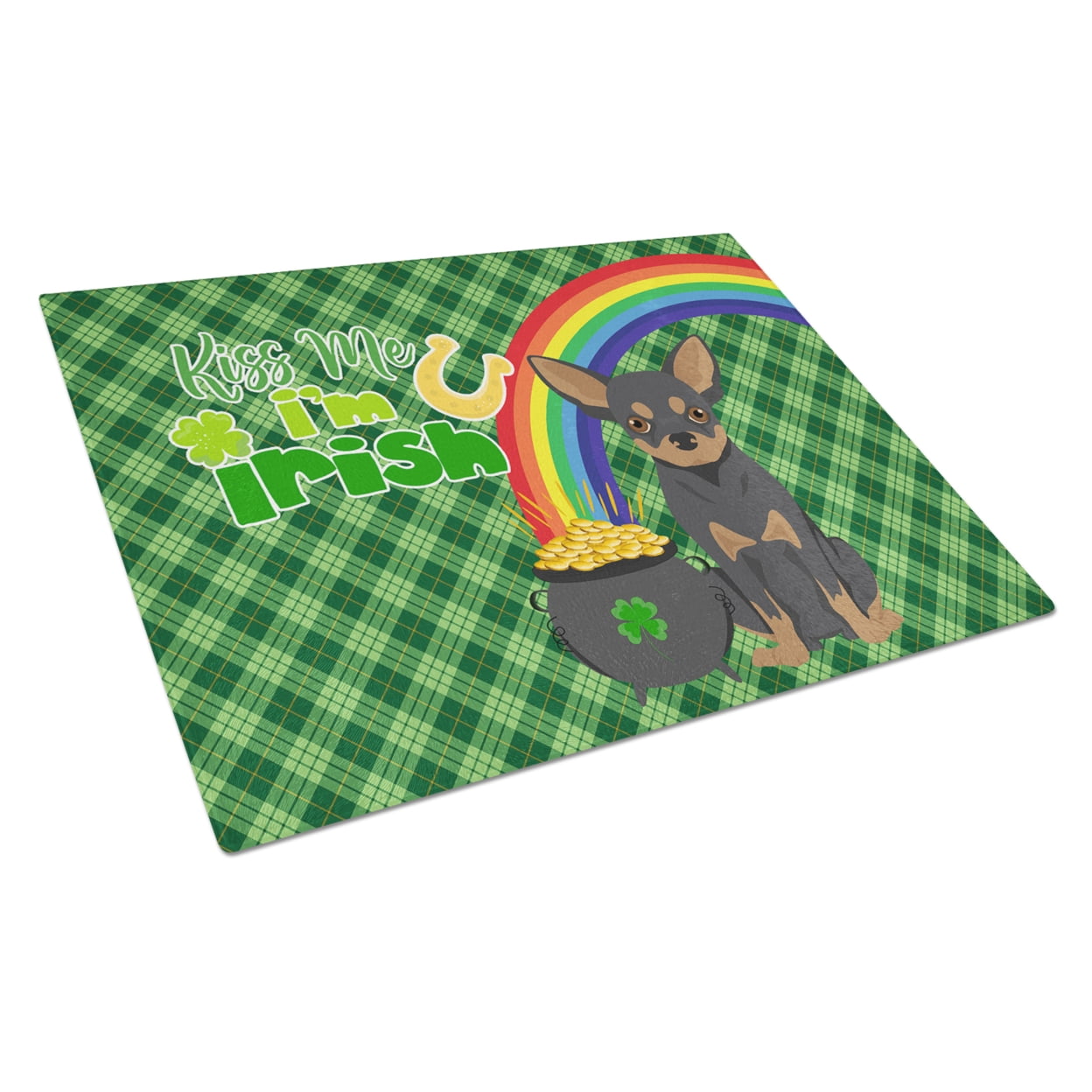 Black and Tan Chihuahua St. Patrick's Day Glass Cutting Board Large 12 in x 15 in