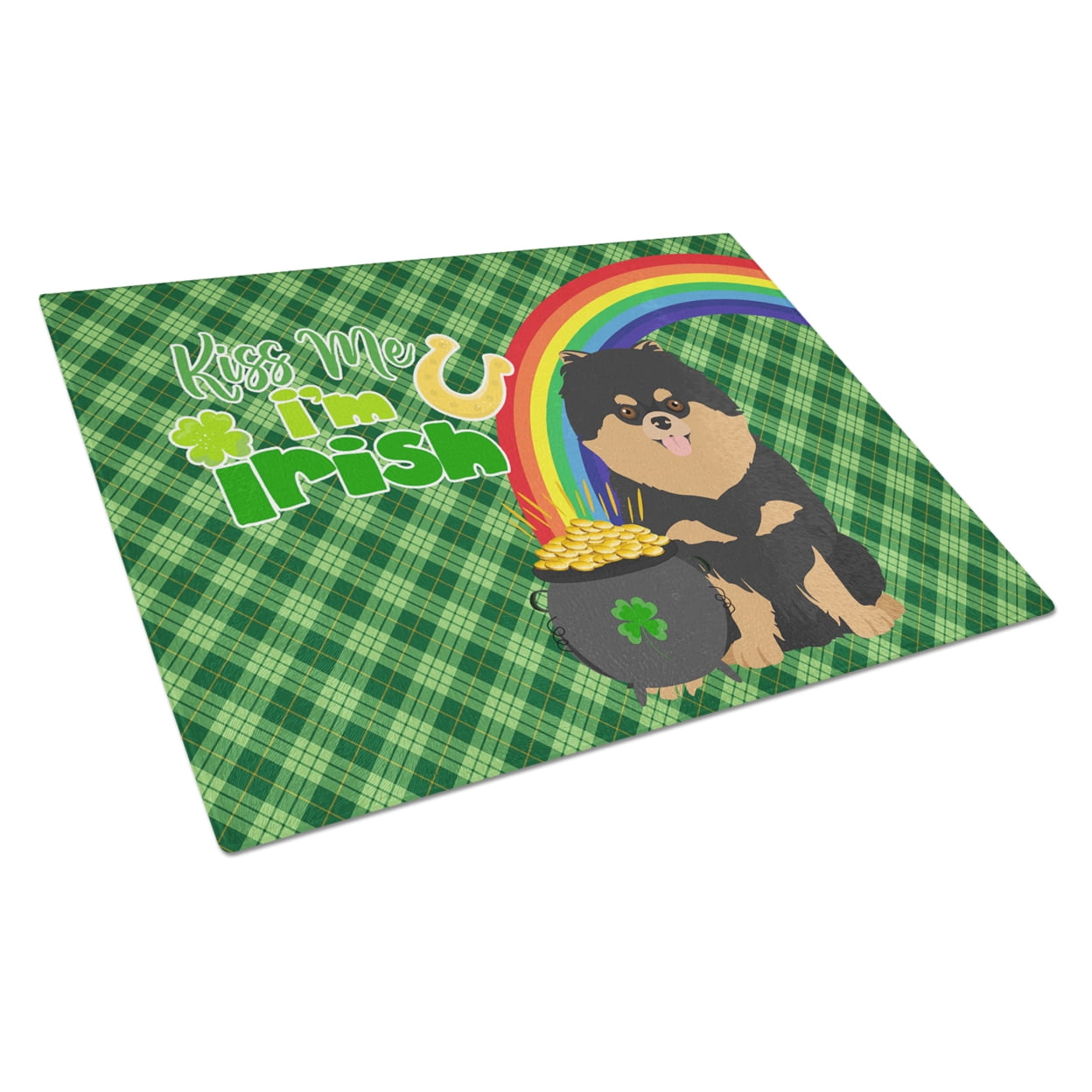 Black and Tan Pomeranian St. Patrick's Day Glass Cutting Board Large 12 in x 15 in