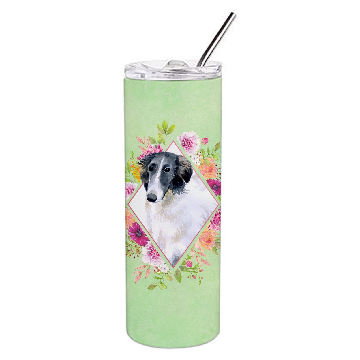 Borzoi Green Flowers Double Walled Stainless Steel 20 oz Skinny Tumbler