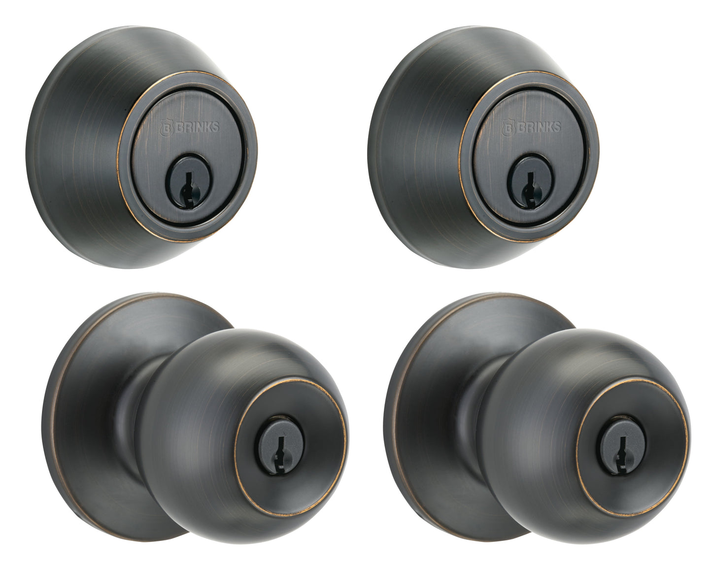 Brinks Keyed Entry Classic Ball Style Doorknob and Deadbolt Combo Twin pack, Antique Brass Finish