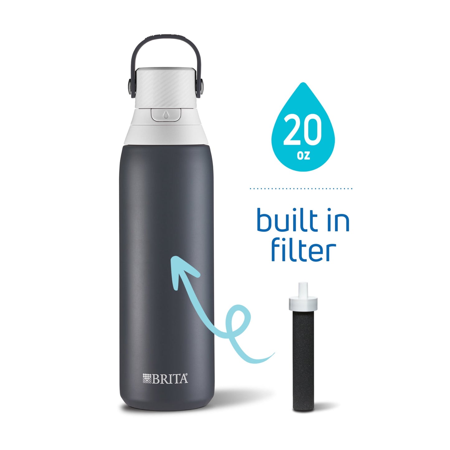 Brita 20 oz Carbon Stainless Steel Filtered Water Bottle, Reduces Chlorine, Leak Proof with Straw