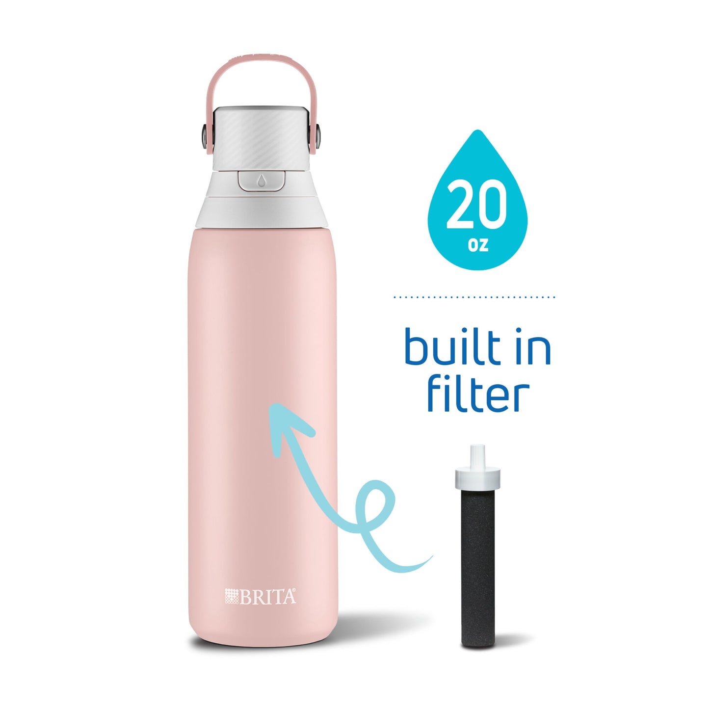 Brita 20 oz Rose Stainless Steel Filtered Water Bottle, Reduces Chlorine, Leak Proof with Straw