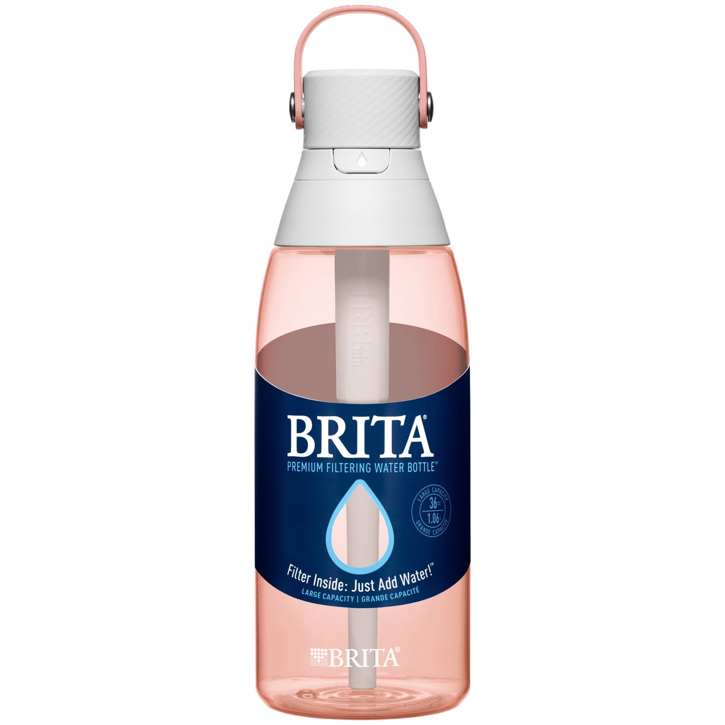 Brita 36 oz Blush Pink Plastic Filtered Water Bottle, Reduces Chlorine, Leak Proof with Straw