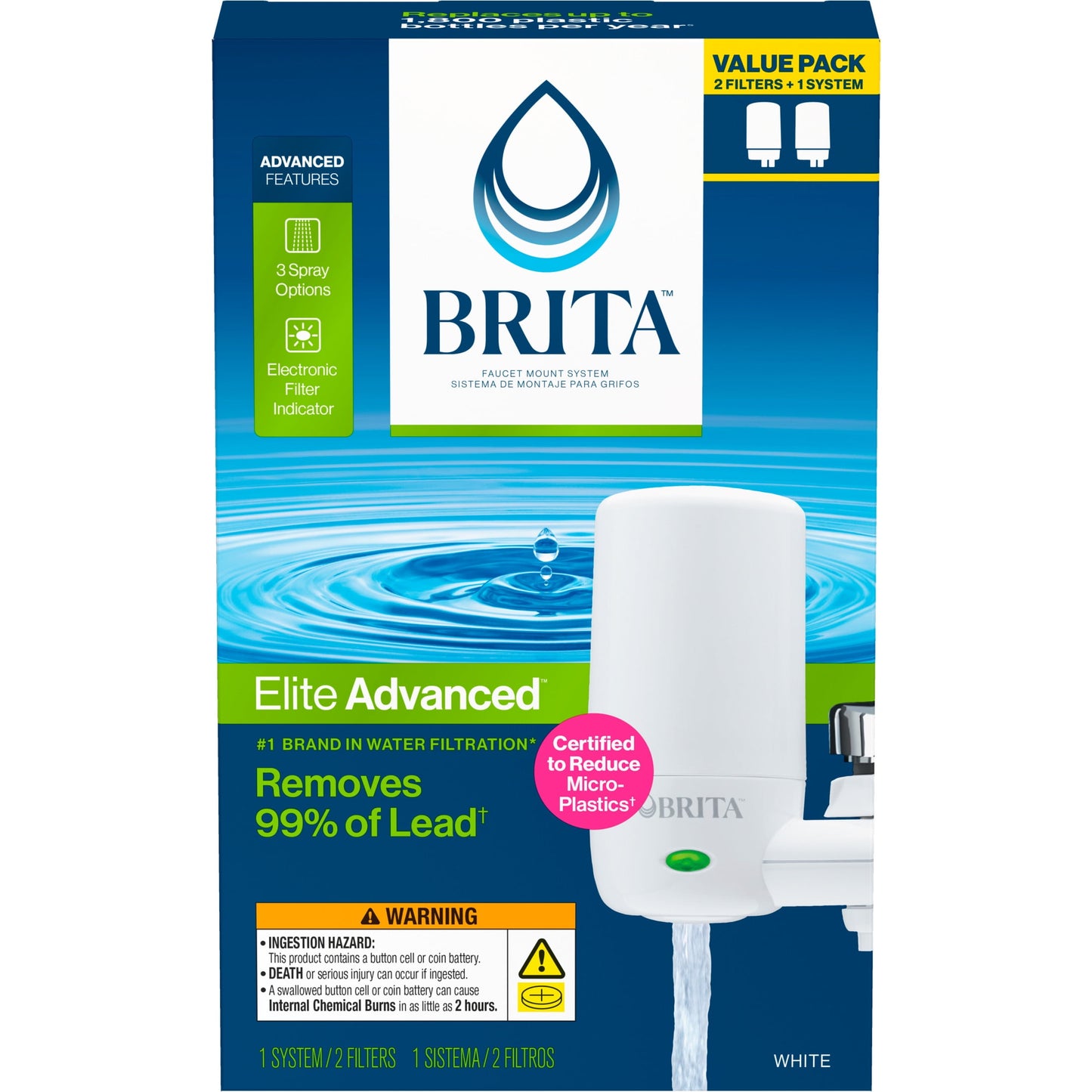Brita Elite Advanced White, Faucet Water Filter System, 2 Replacement Filters, Reduces Lead
