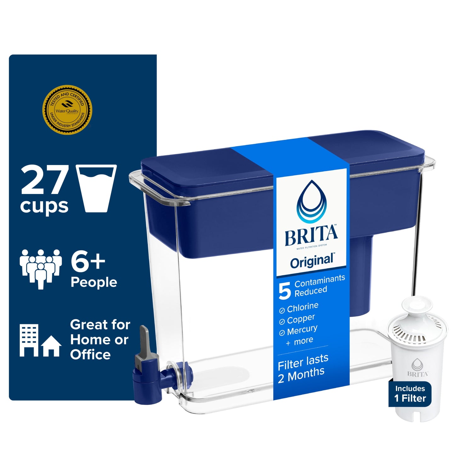 Brita 27 Cup Plastic Water Filtration Dispenser, Blue, 1 Standard Brita Filter