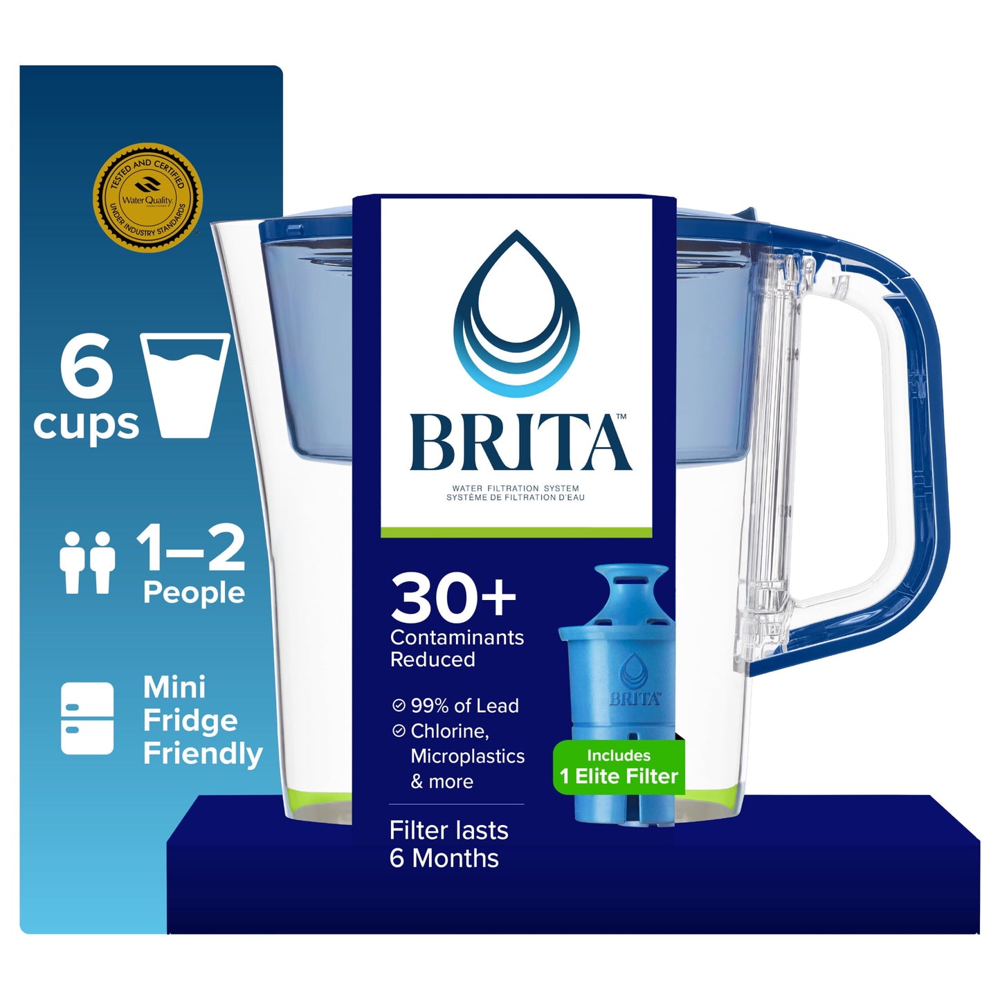 Brita 6 Cup Small Plastic Water Filter Pitcher, Mazarine, Blue, BPA Free with 1 Brita Elite Filter