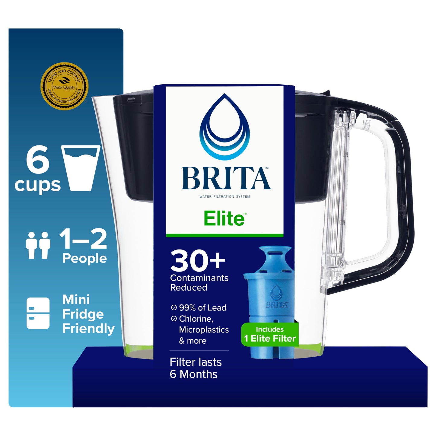 Brita Elite 6-Cup, Black Plastic Water Filtration Pitcher, Reduces Lead