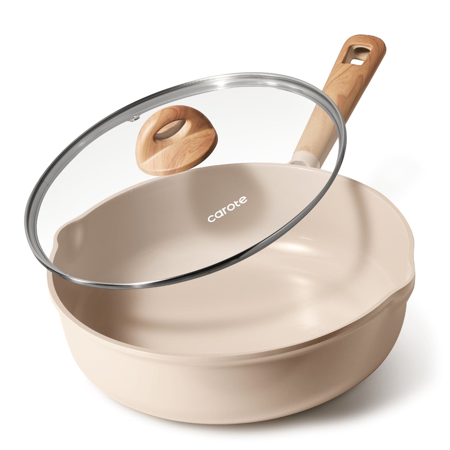 Carote 5QT Ceramic Non Stick Frying Pan Skillet with Lid, Jumbo Cooker with Induction 11inch Large Deep Frying Pan, Non-Toxic Sauté Pan,Taupe
