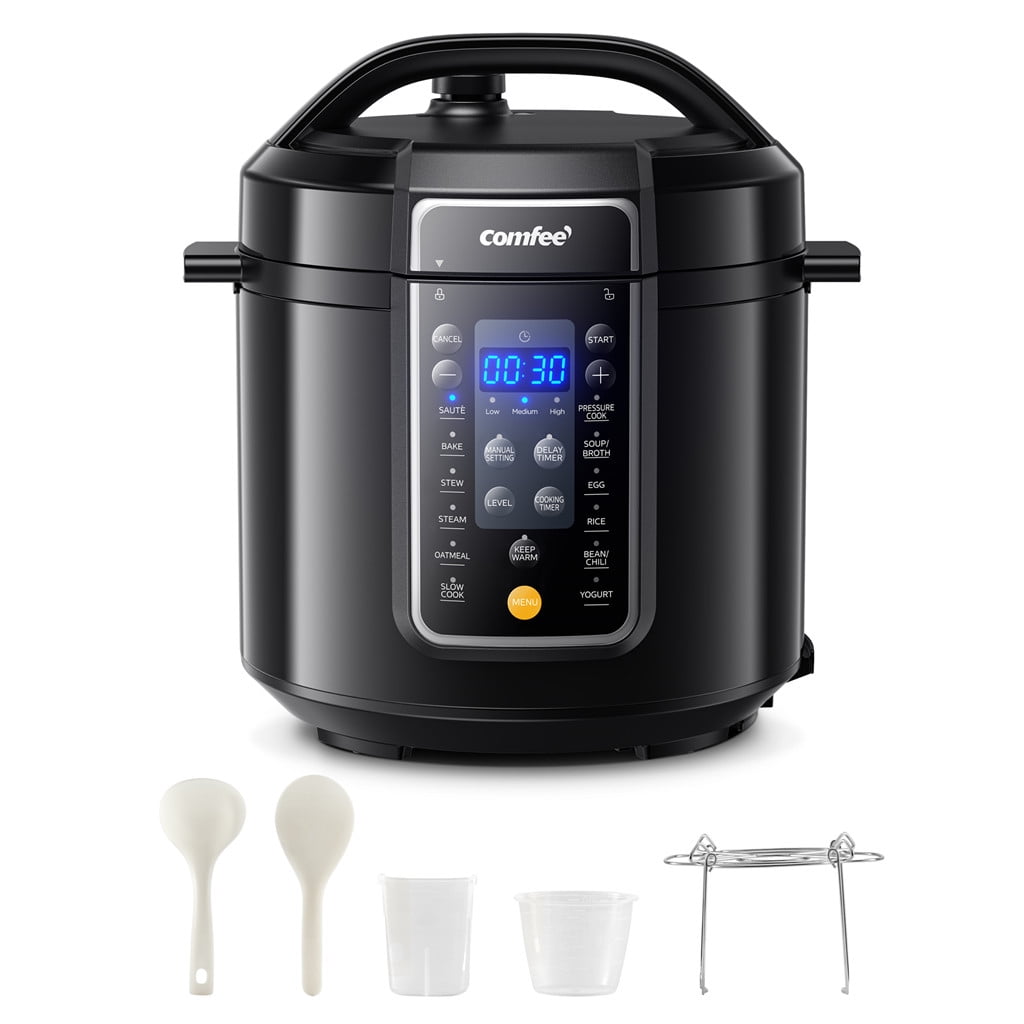 COMFEE’ 9-in-1 Electric Pressure Cooker 13 Presets Instant Multi Cooker Olla de Presion Slow Cooker Rice Cooker Steamer Sauté Yogurt Maker Non-Stick Pot 6 Quart Black, Aluminum