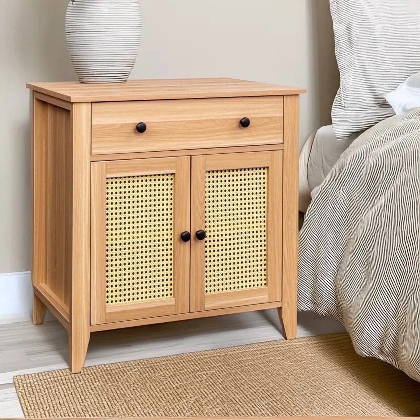 COMHOMA Rattan End Table and Storage Cabinet with Drawer and Shelves,, Accent Table for Living Room, Natural Oak