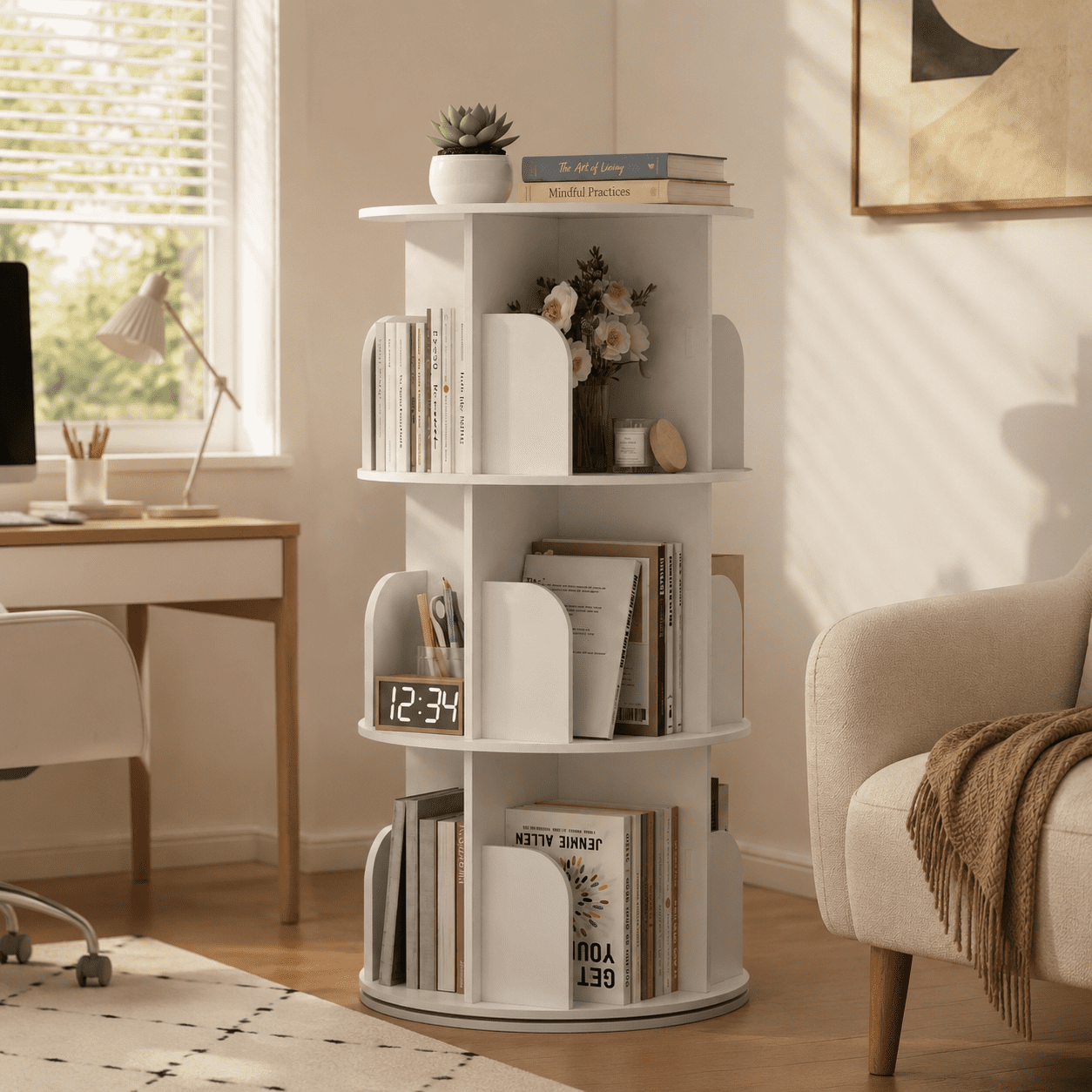 CONCETTA 3-Tier Rotating Bookshelf, 360° Spinning Bookcase with Safety Guard, Space-Saving PVC Storage for Bedroom, White