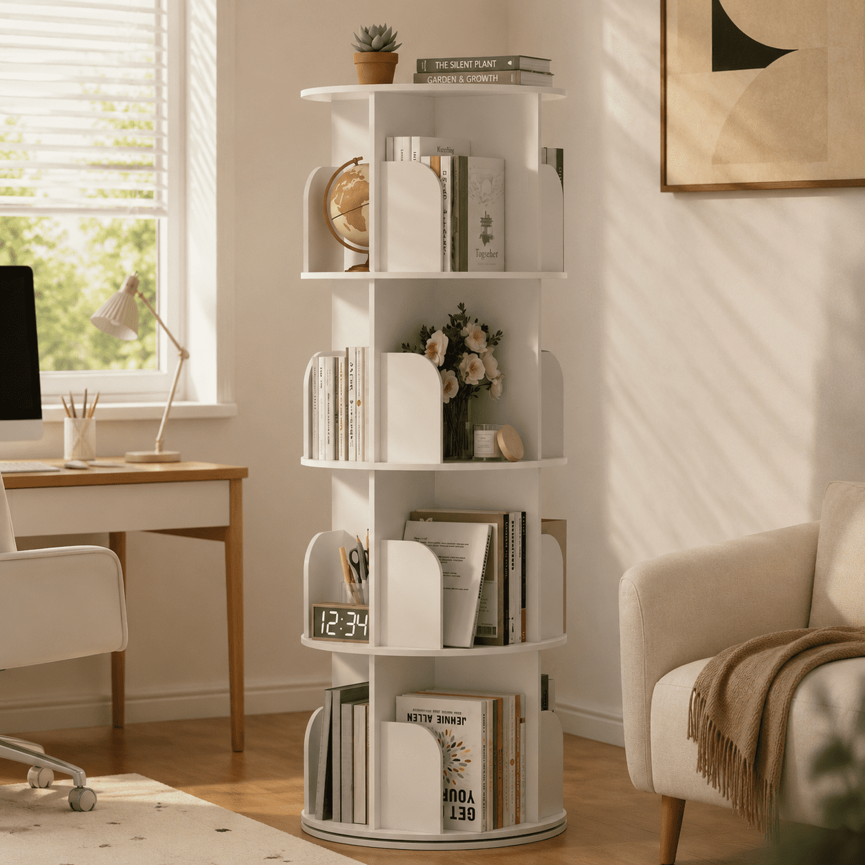 CONCETTA 4-Tier Rotating Bookshelf, 360° Spinning Bookcase with Safety Guard, Space-Saving PVC Storage for Bedroom, White