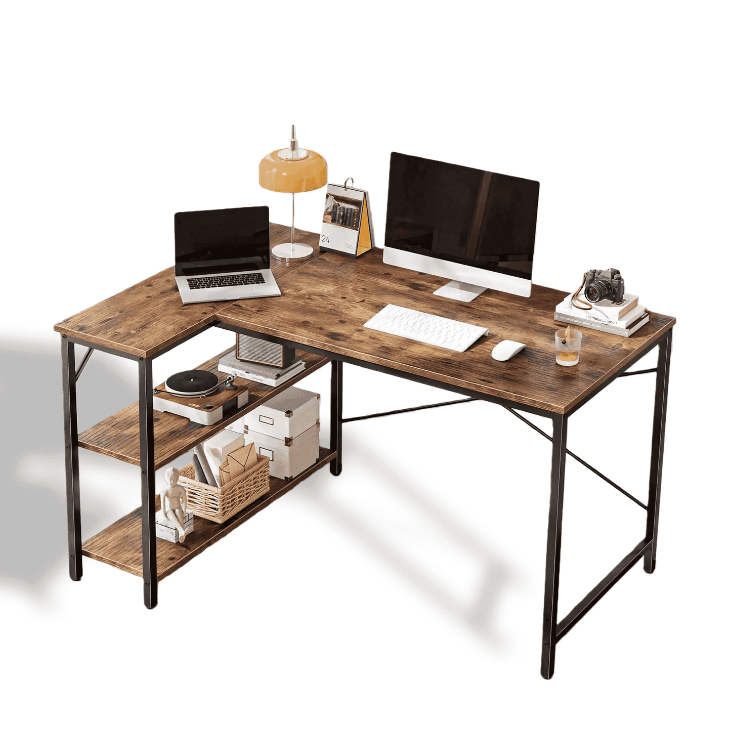 CONCETTA 47†L Shaped Computer Desk with Reversible Storage Shelves, Corner Gaming Desk with PC Stand, Home Office Writing Study Table, Black