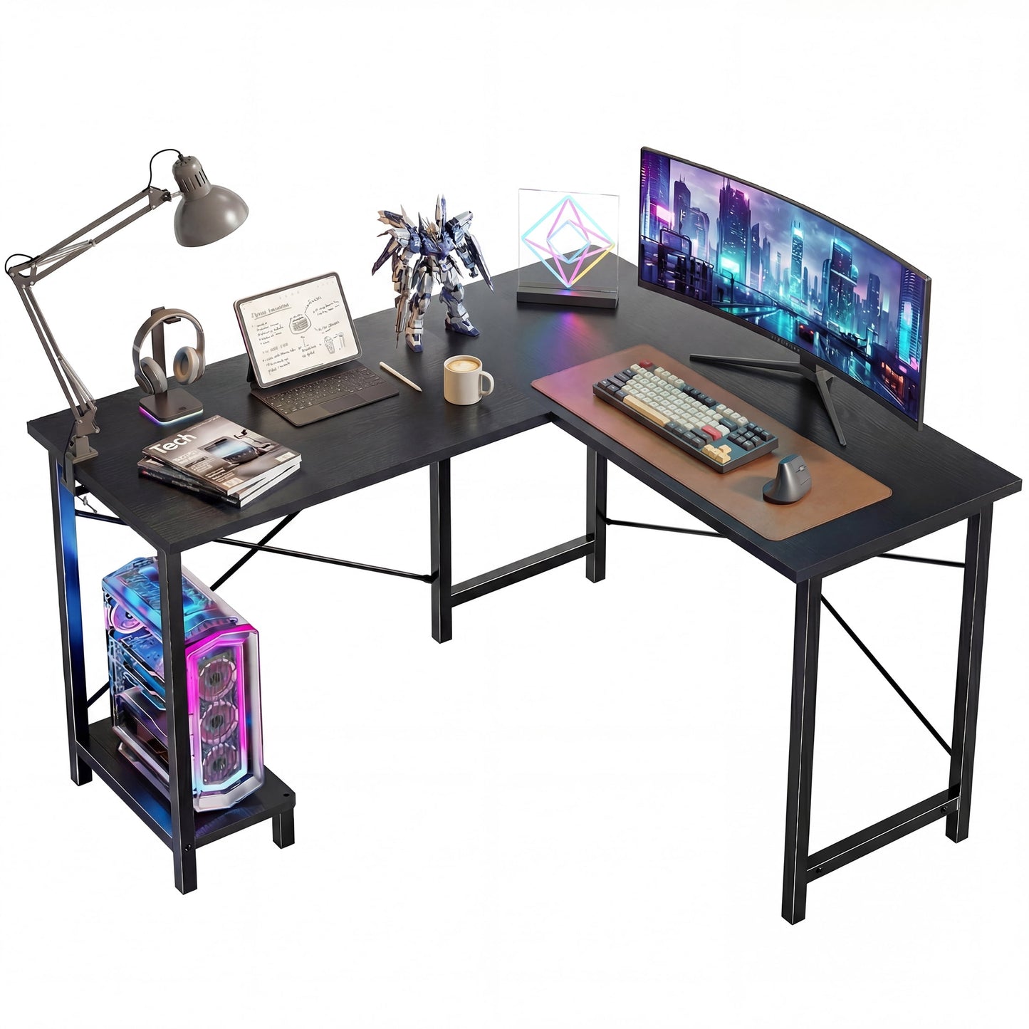 CONCETTA 49“ L Shaped Computer Desk with Movable CPU Stand, Corner Desk for Save Space, Home Office, Black