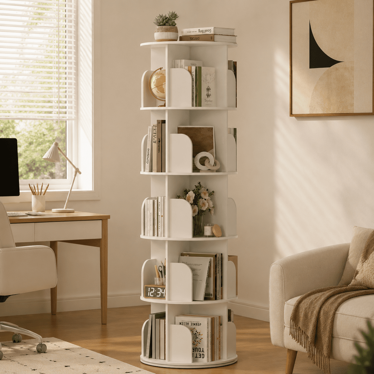 CONCETTA 5-Tier Rotating Bookshelf, 360° Spinning Bookcase with Safety Guard, Space-Saving PVC Storage for Bedroom, White
