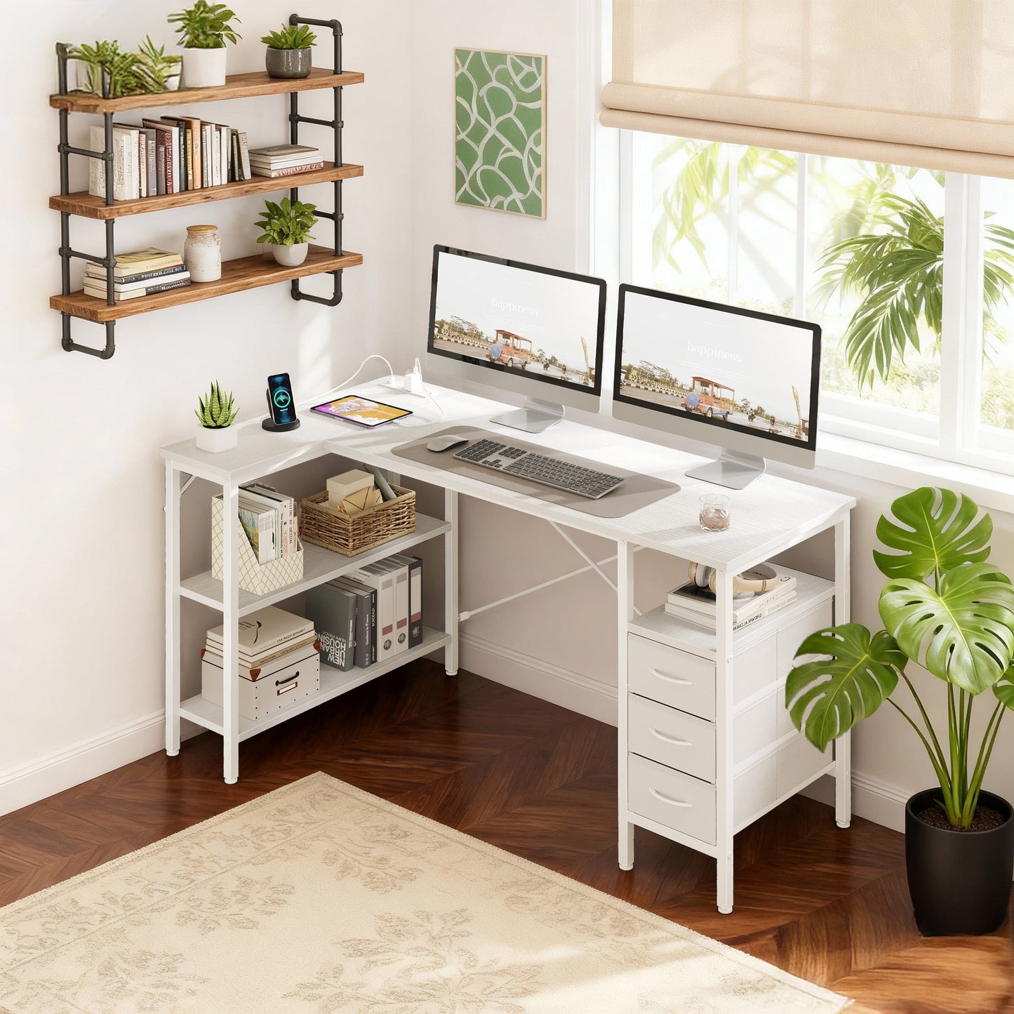 CONCETTA 55"L Shaped Computer Desk with 3 Drawers, Power Outlets, USB Ports, and Monitor Stand, Corner Gaming Desk for Home Office,White