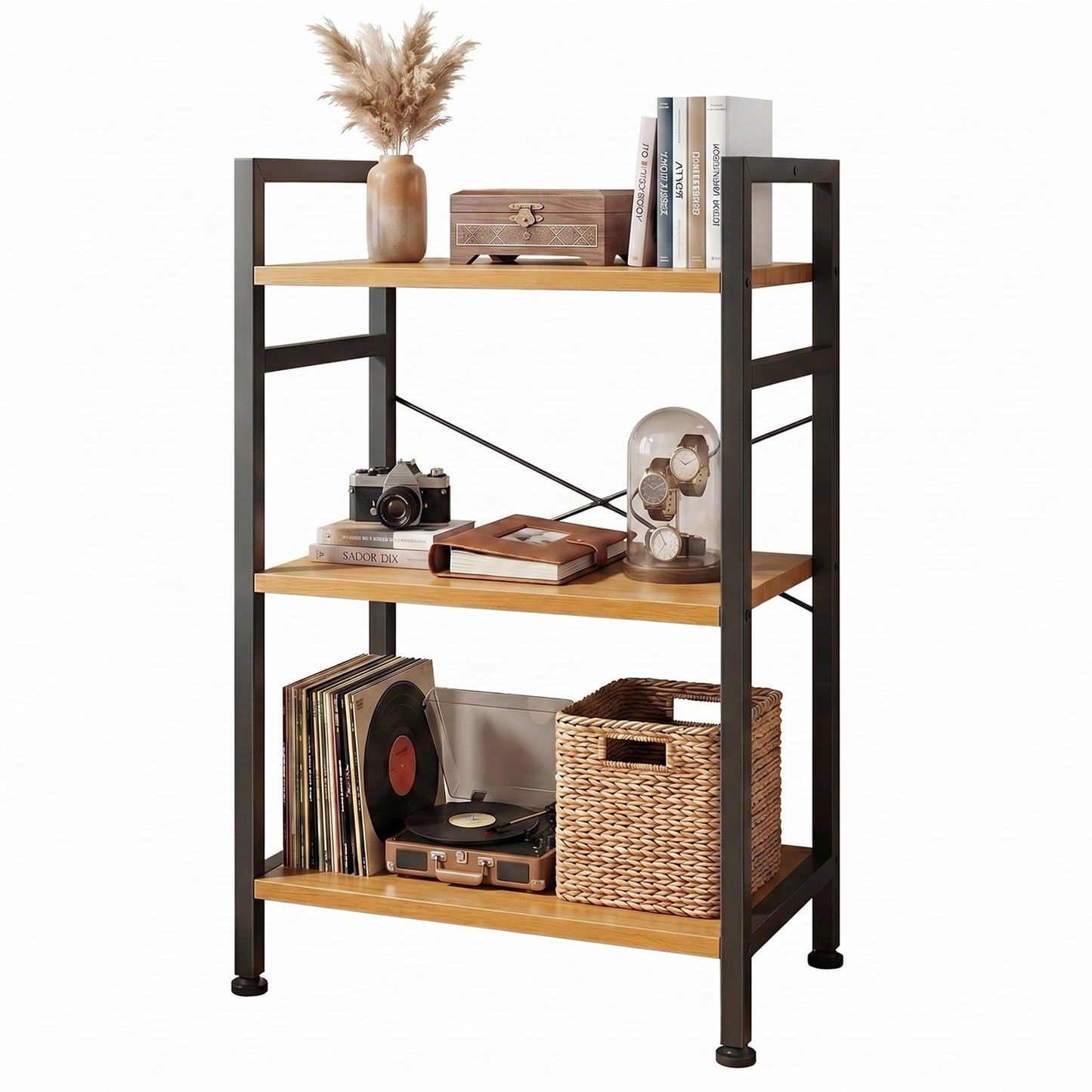 CONCETTA Bookshelf, 3-Tier Small Industrial Storage Shelf & Shelves, Metal Bookcase for Home Office, Living Room, Wood