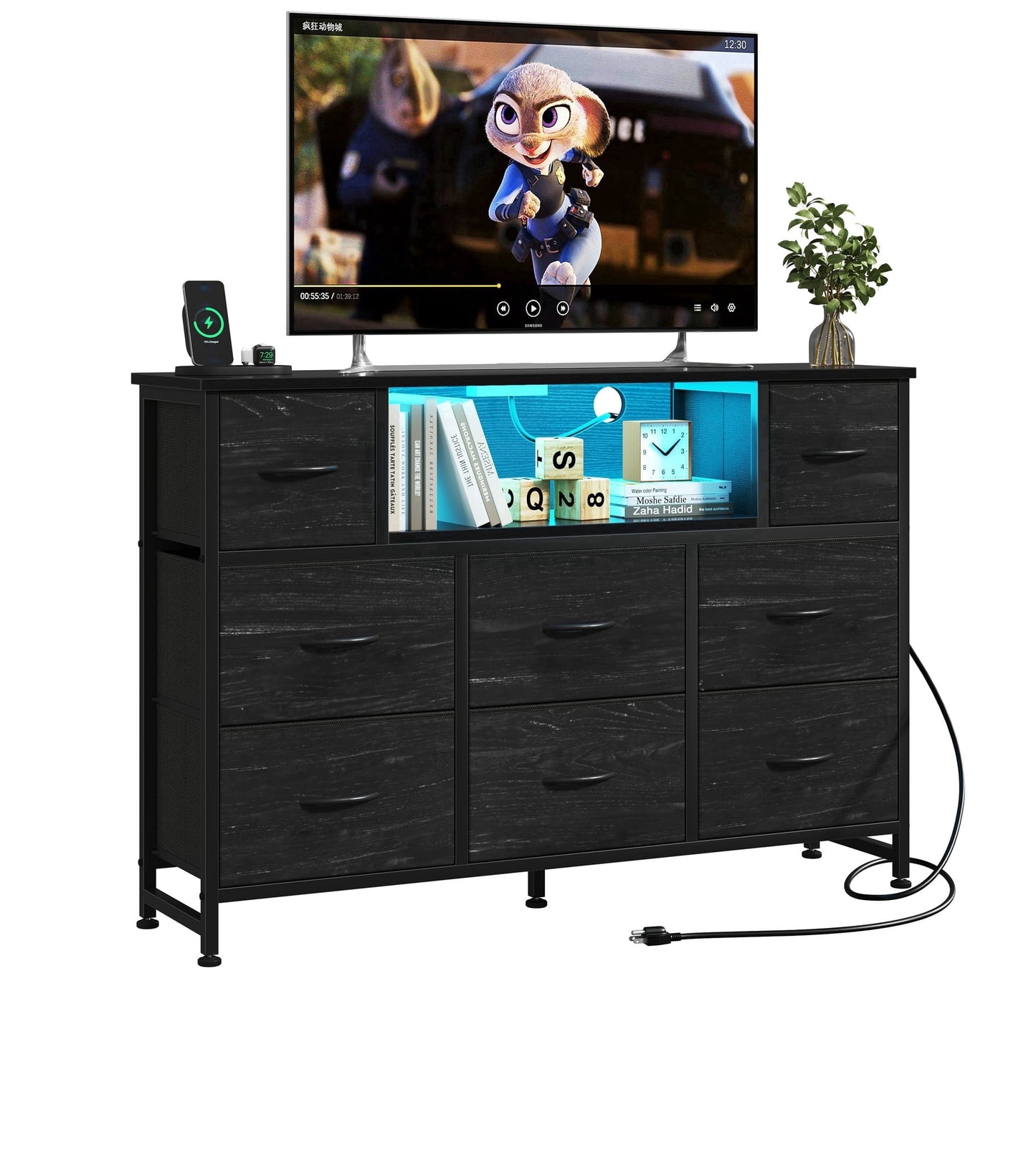 CONCETTA 55 inch TV Stand Dresser, 8 Fabric Drawers Storage Organizer for Bedroom Living Room, LED & Charging Station, Wood Black