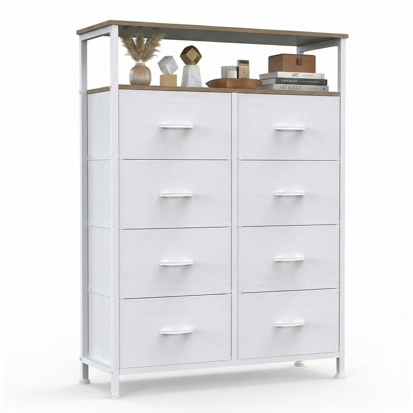 CONCETTA 8-Drawer Fabric Dresser with Open Shelf, Tall Storage Organizer for Bedroom Closet, Living Room, Hallway, White