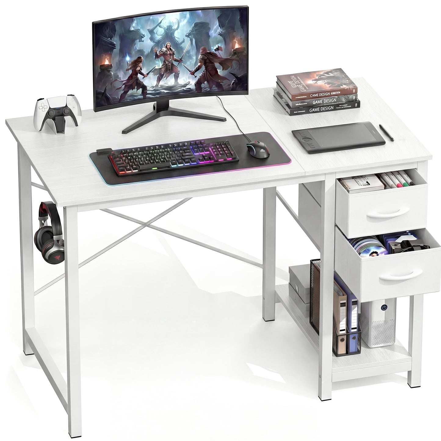 CONCETTA 40in Small Computer Desk with 2 Drawers, Side Headphone Hook, Writing Work Study Desk for Home, White