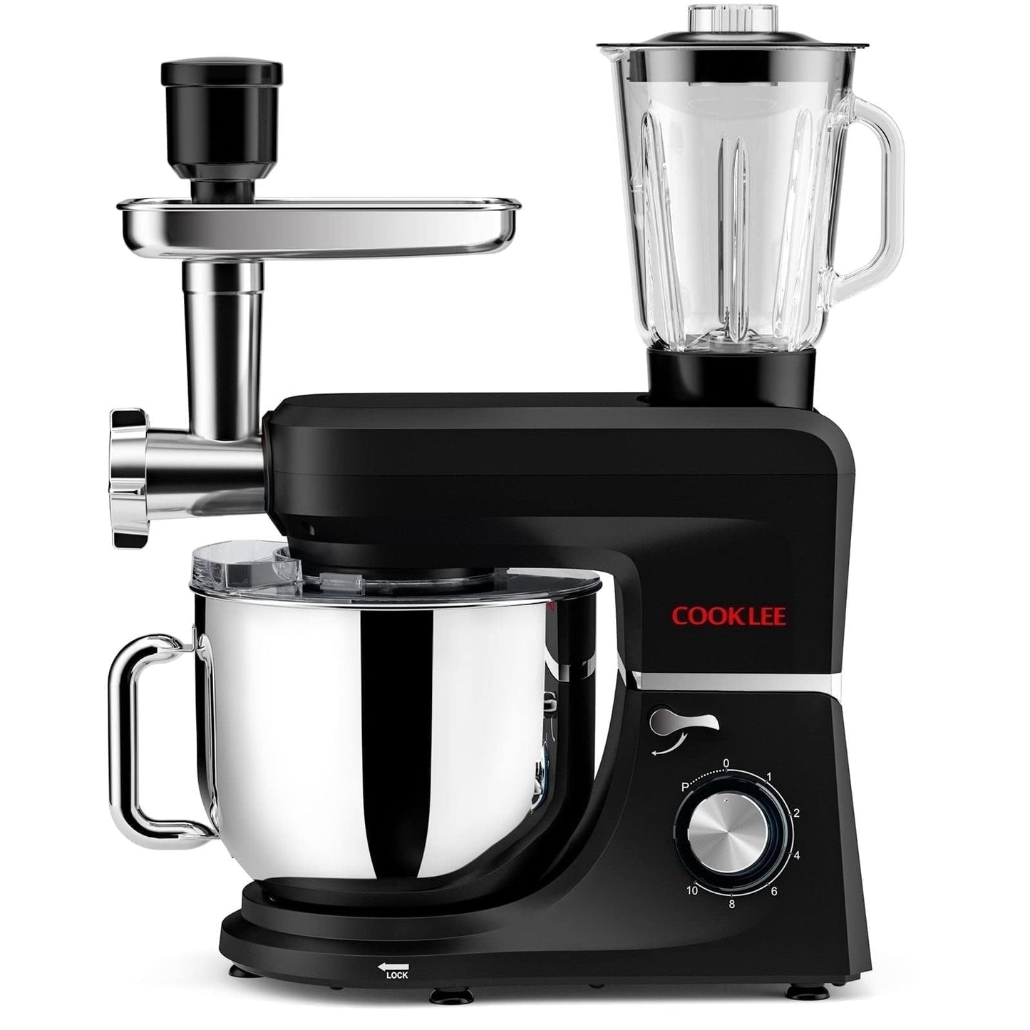 COOKLEE 6 in 1 Multifunctional Stand Mixer, 660W 8.5Qt Household Electric Food Mixer with Dough Hook, Whisk, Beater, Meat Grinder,Pasta,Sausage Kit & Cookie Maker-Black